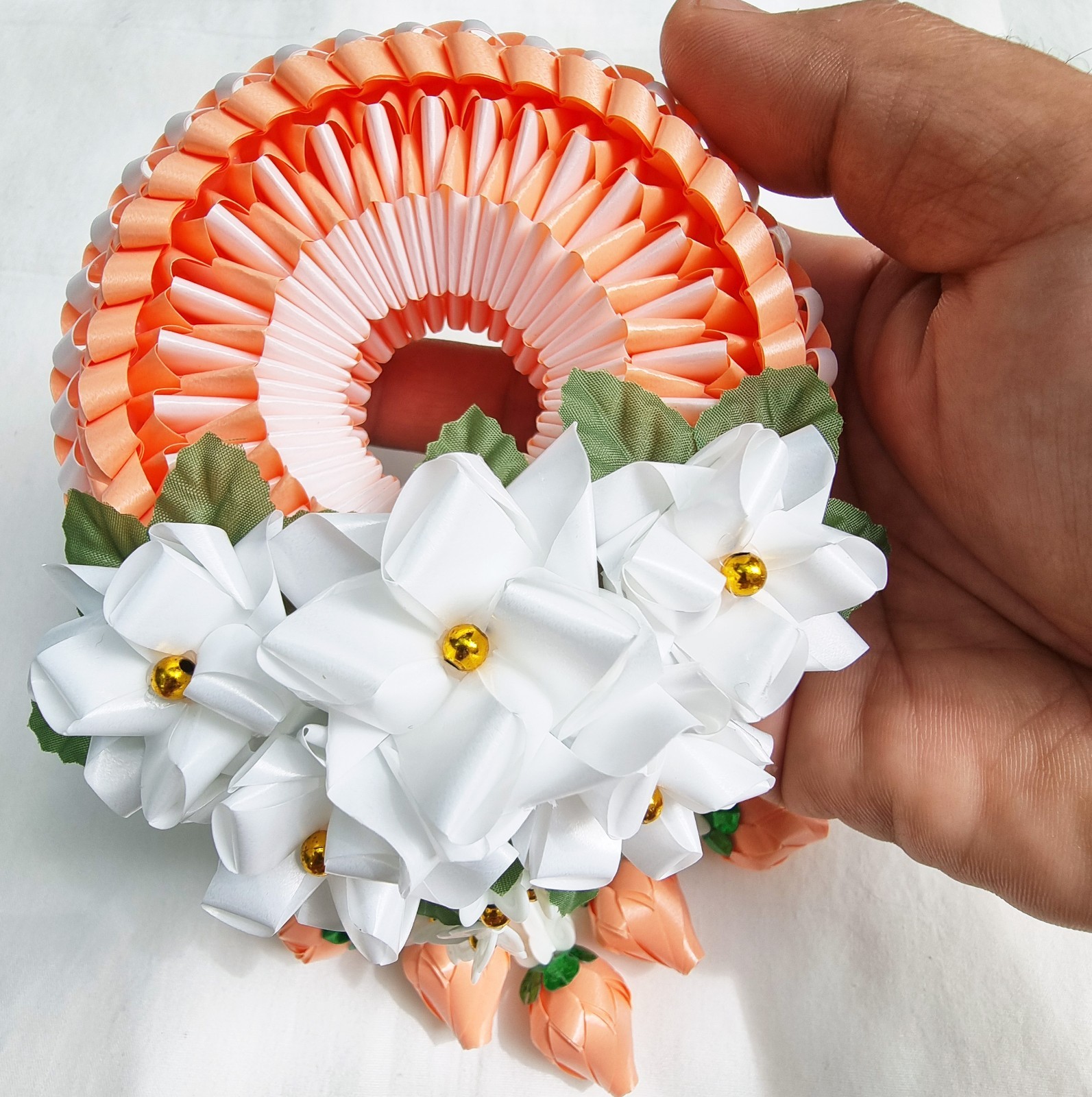 Ribbon folding art, Garland, Artificial Light Orange flowers made from plastic
