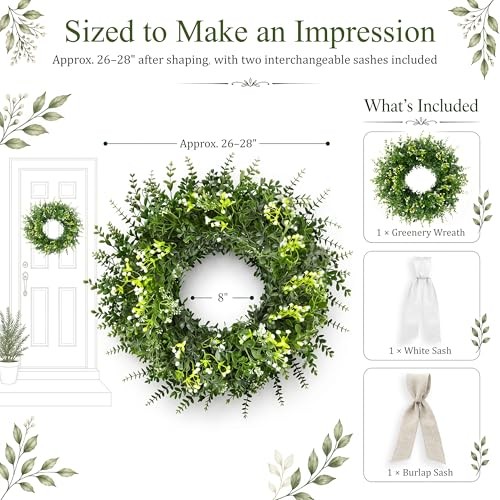 26 Inch Large Artificial Eucalyptus & Boxwood Wreath for Front Door All