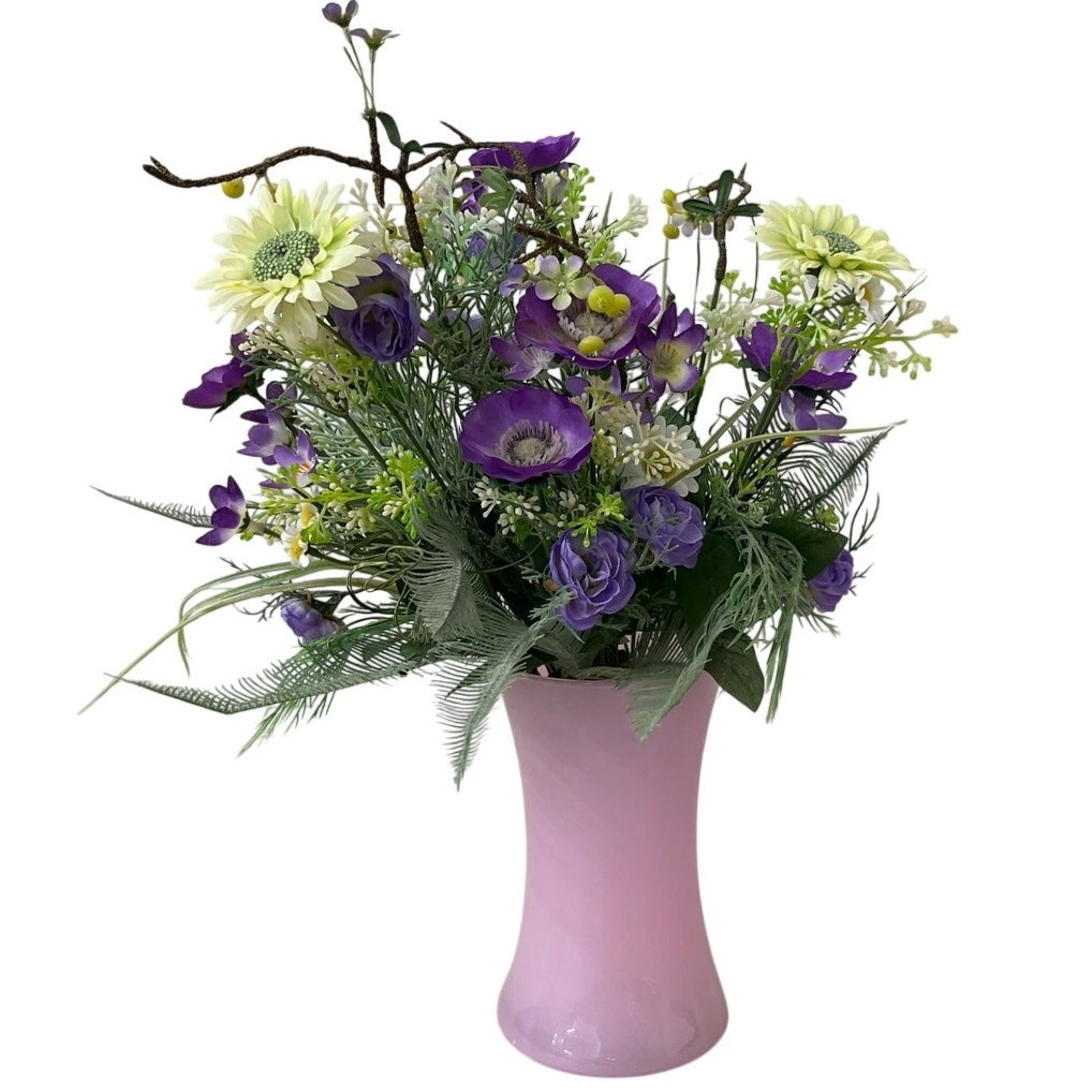 Faux Floral Arrangement Pink Vase Purple White
