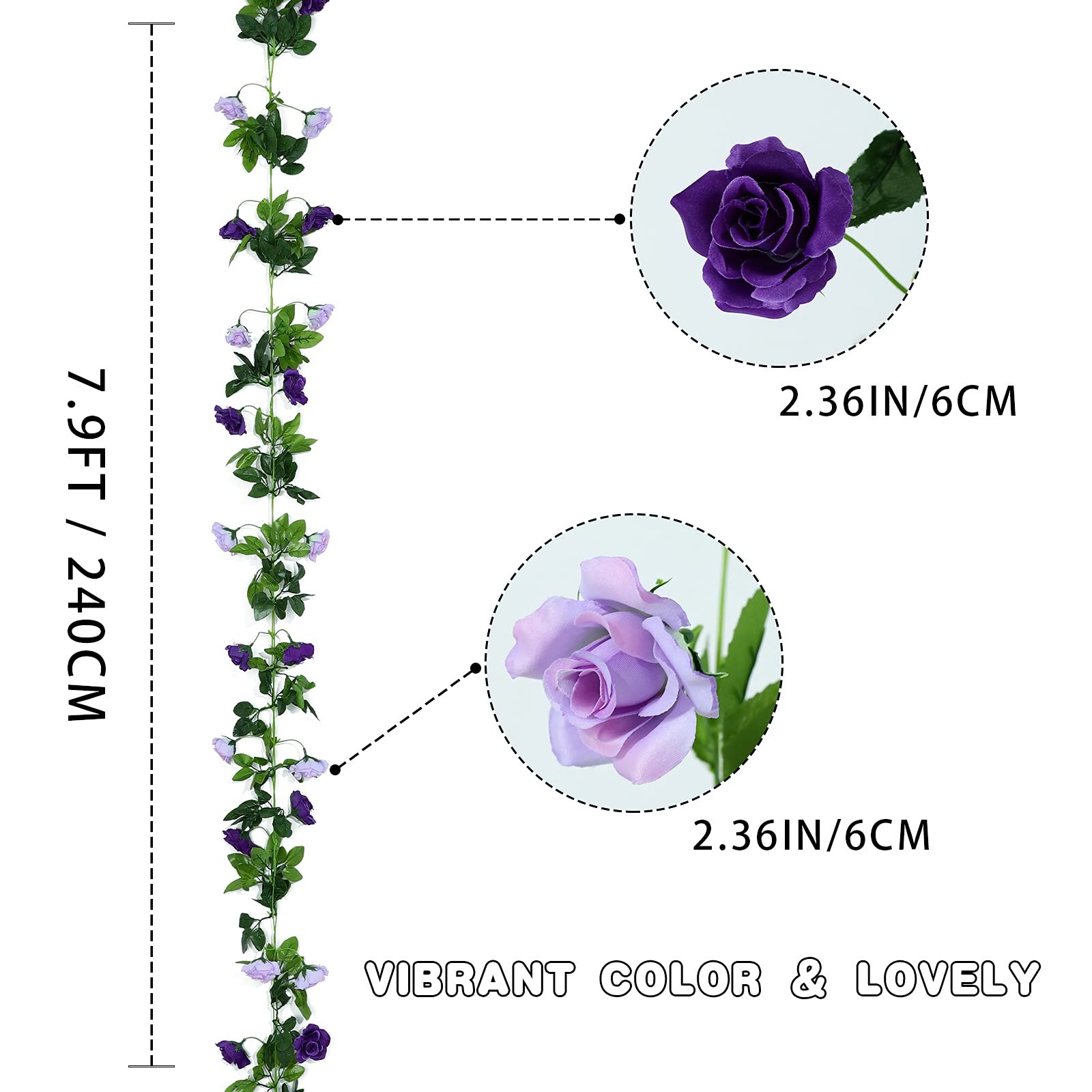 Floweroyal 2 Pack Artificial Flower Garlands 15.8FT Fake Rose 2pcs, Purple