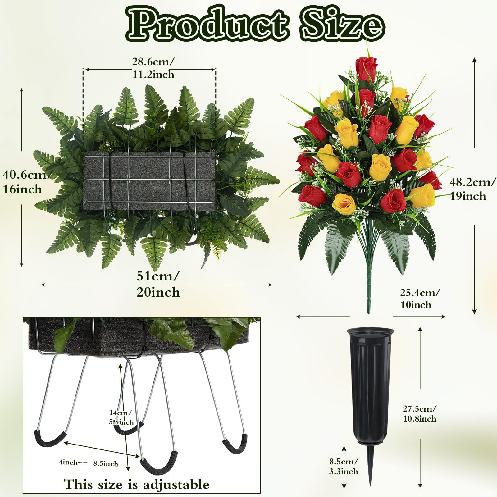 Artificial Cemetery Flowers Saddle, 2 Sets Grave Flowers Rose with Vase, Memo…