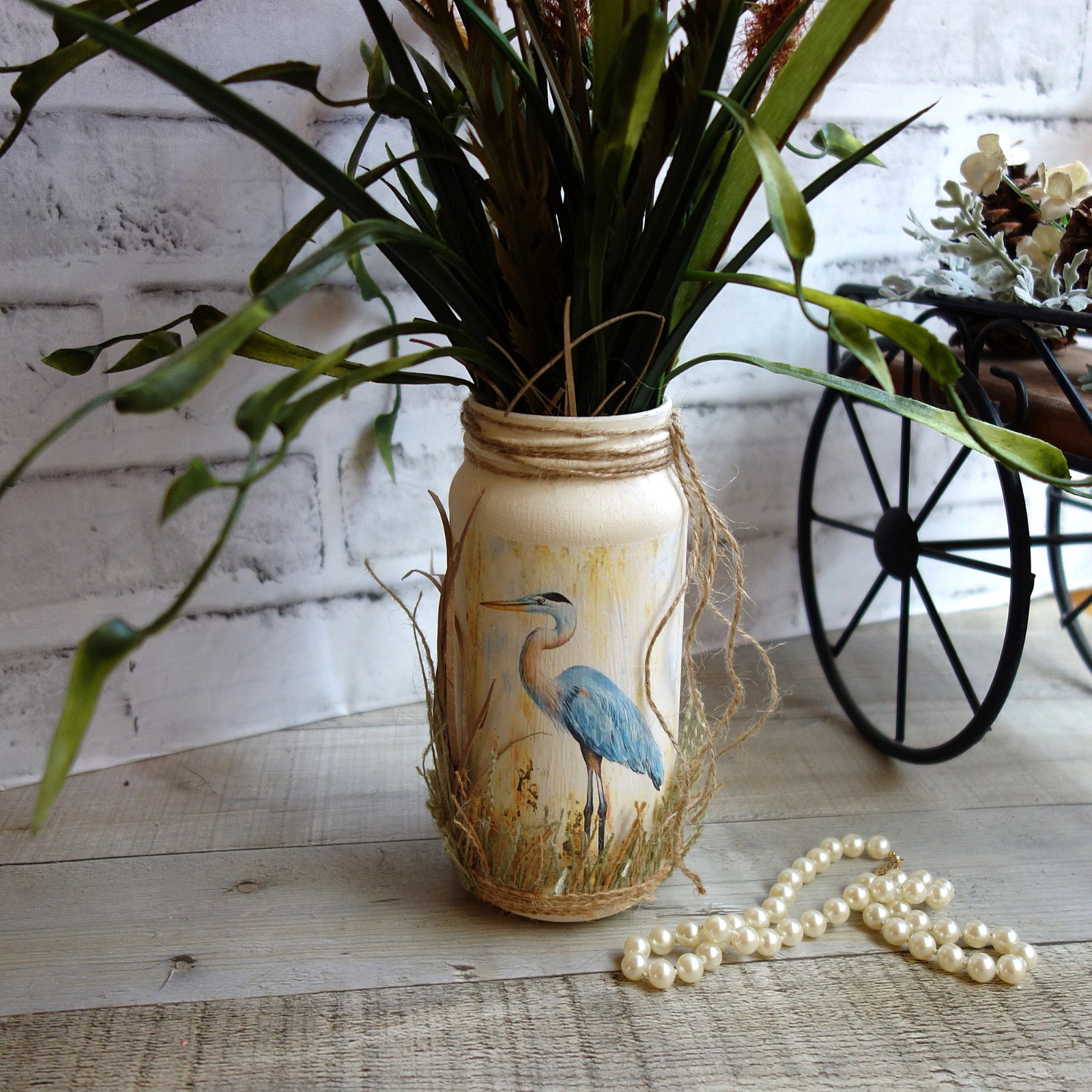 Blue Heron Vase & Floral Arrangement Blue Heron Art Crane Decor Wading Birds