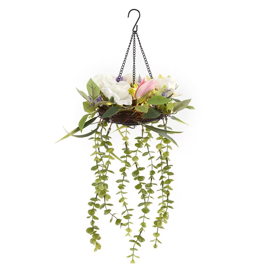 NEW Solar Floral Hanging Arrangement rattan w/ faux flowers & metal chain 10×24″