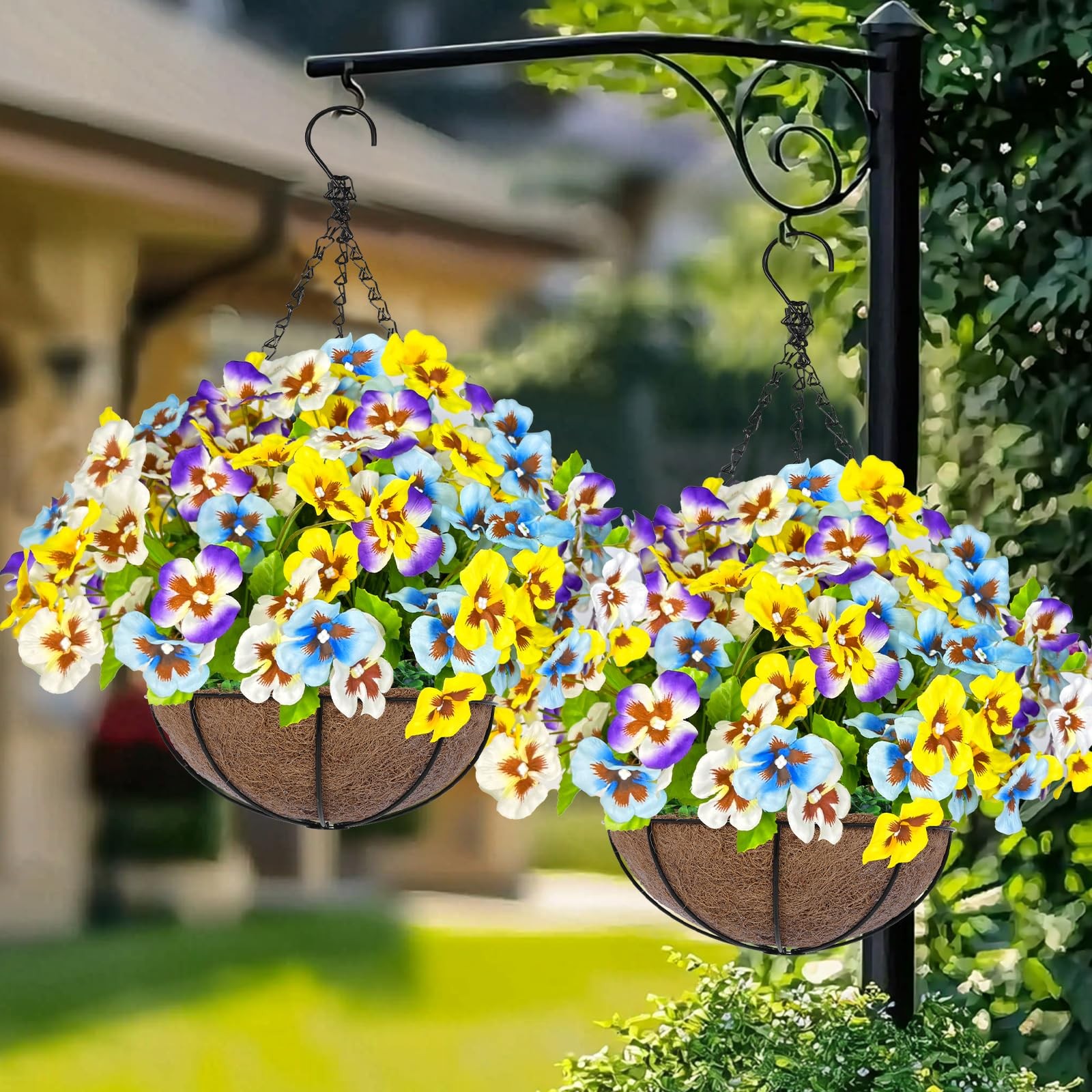 Artificial Hanging Flowers Plants Baskets Outdoor Outside Decoration, Pansies…
