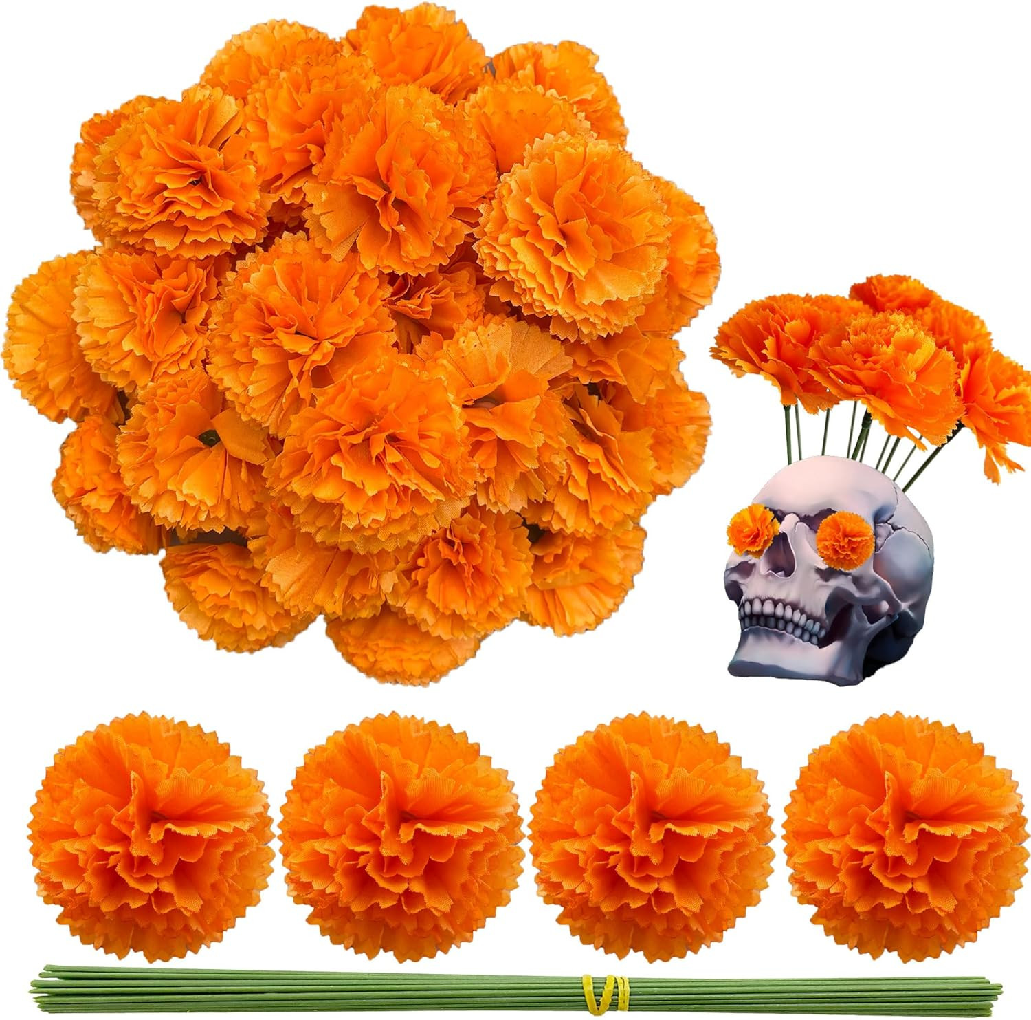 Marigold Flower Heads 50Pcs, Mexican Marigold Artificial Flowers for Day of the