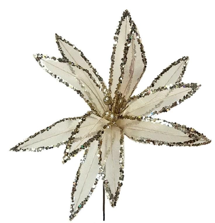 Glitz Sheer Wired Poinsettia Stem – Ivory/Gold Christmas Holiday Flower Pick