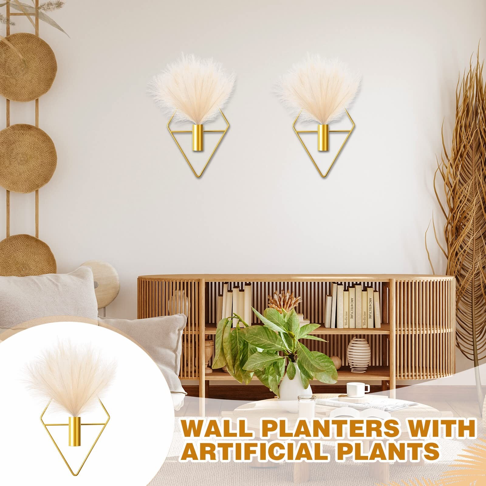 Jexine 2 Pcs Boho Wall Decor Gold Hanging Planters with Artificial Plants Wal…