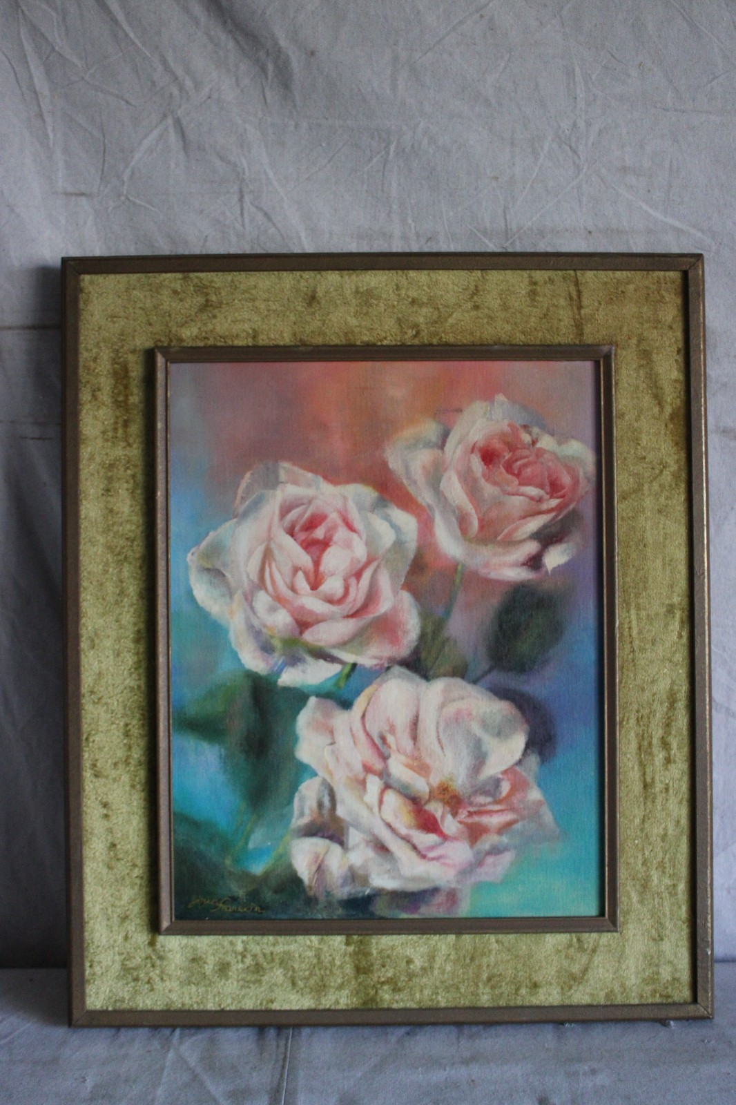 BIG GOLD GILT ORIGINAL OIL PAINTING STILL LIFE FLORAL MID CENTURY SIGNED CANVAS