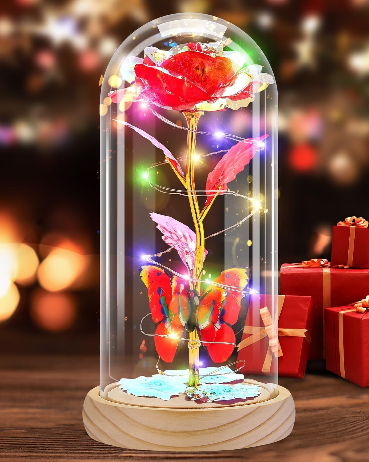 Preserved Artificial Rose Lamp with LED Lights, Glass & Wood Base, Gifts for …