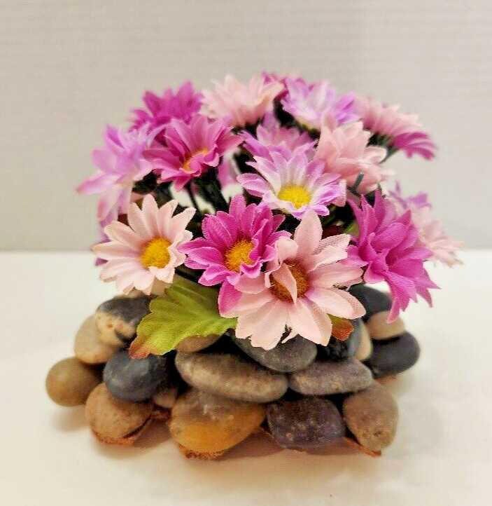 Touch of Spring, Lovely Pink/Violet Silk Flowers on a Bed of Polished Stones