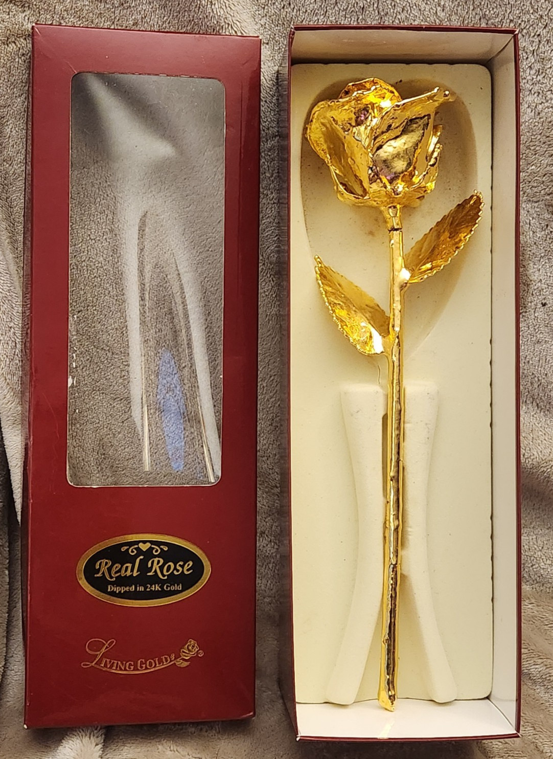 LIVING GOLD REAL ROSE DIPPED IN 24K GOLD RED BOX, Broken Stem – For Parts/Repair