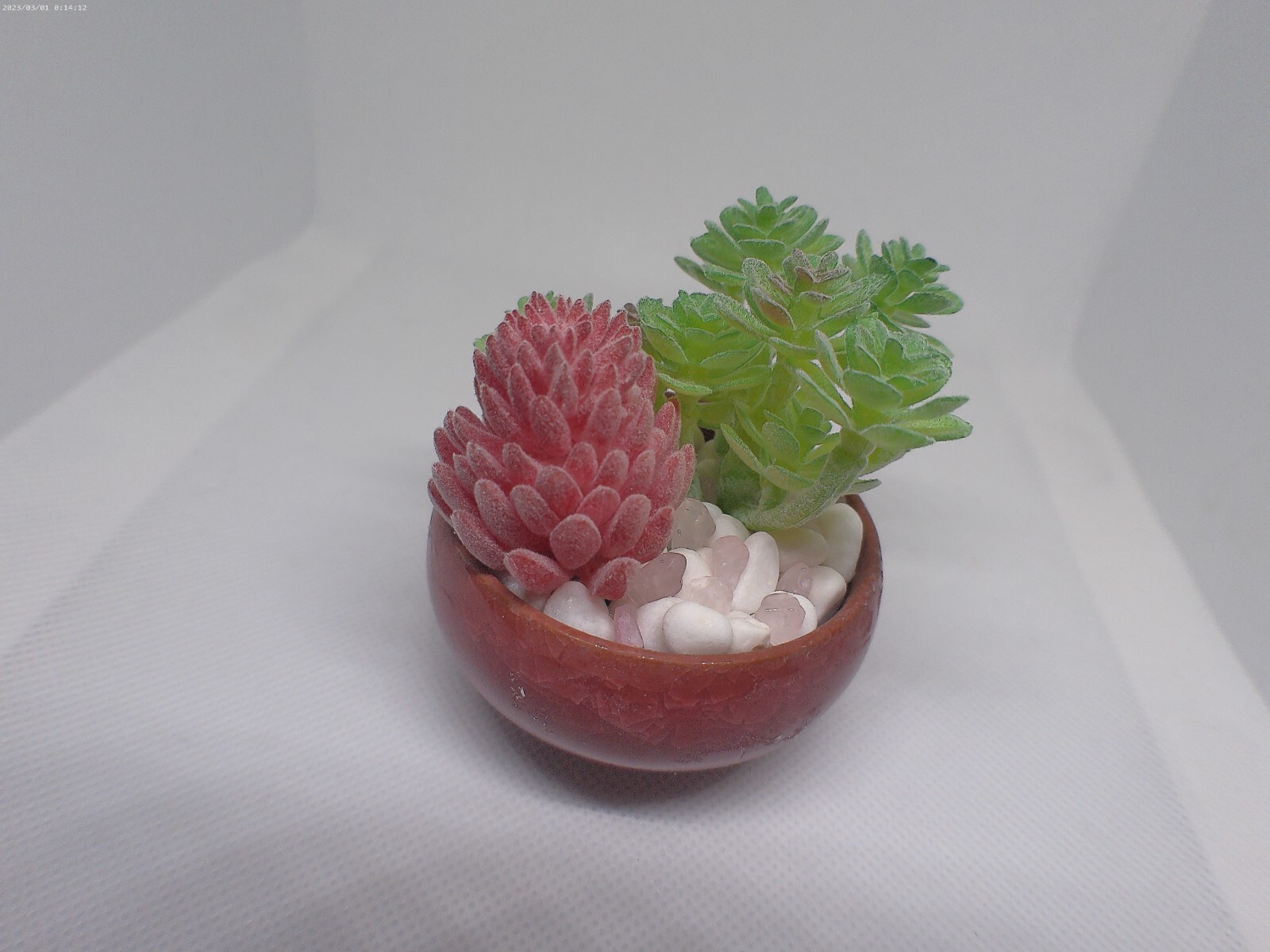 Small Handmade Maroon Planter with Faux Succulents & Rose Quartz Stones