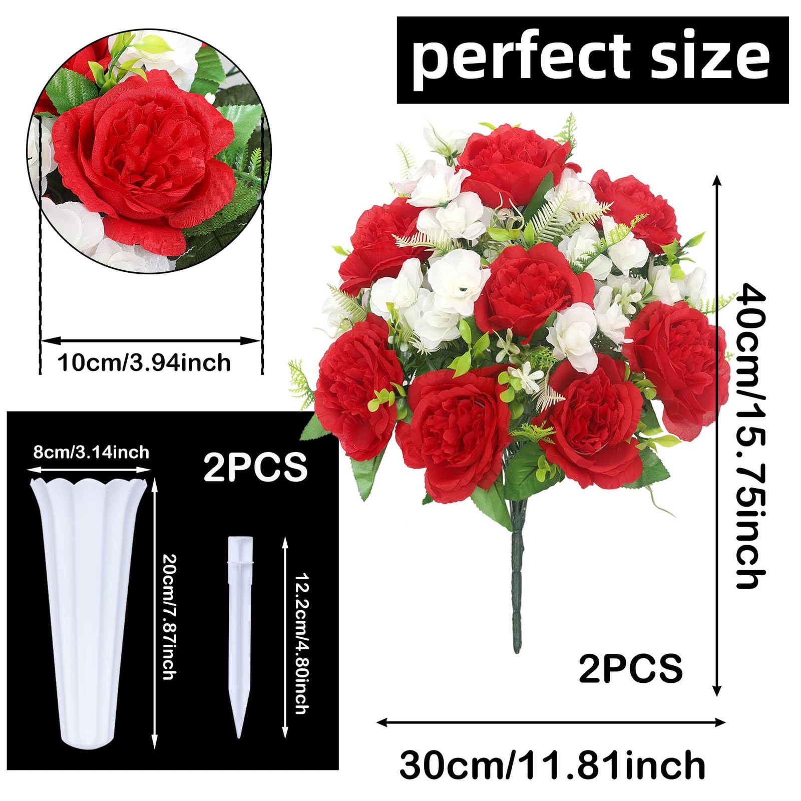 Artificial Cemetery Flowers with Vase – Set of 2 Peony Bouquets & Memorial Va…