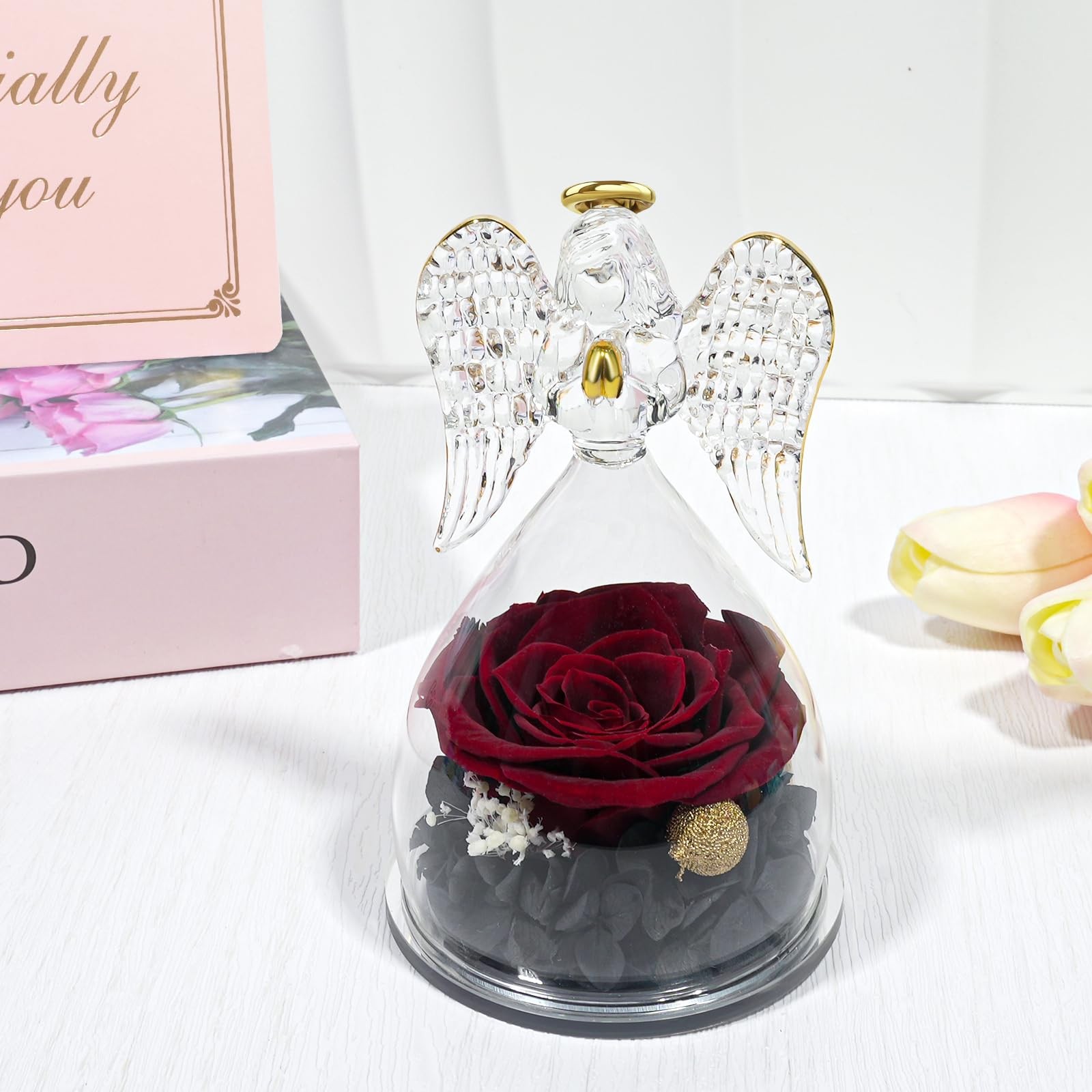 Angel Figurine with Real Preserved Rose Mom Birthday Mother’s Day Gift