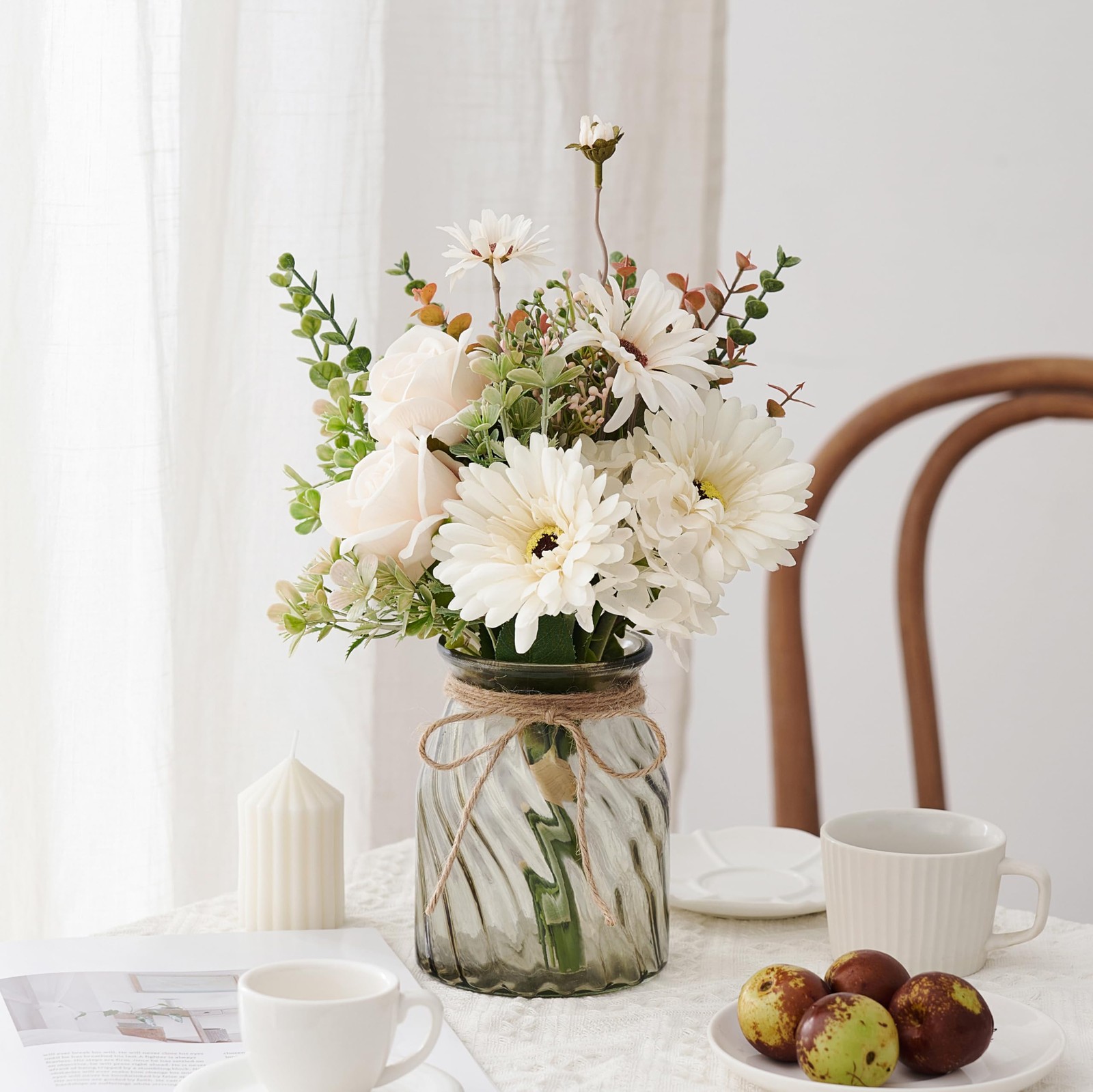 Artificial Daisy Rose Fake Flowers In Vase Faux Silk Plant Centerpiece Decor