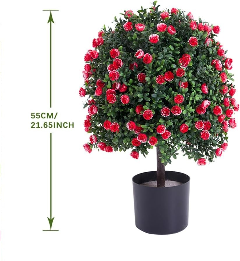 Artificial Rose Topiary Ball in Pot, 21.65″ Tall UV Resistant Faux Potted Plant