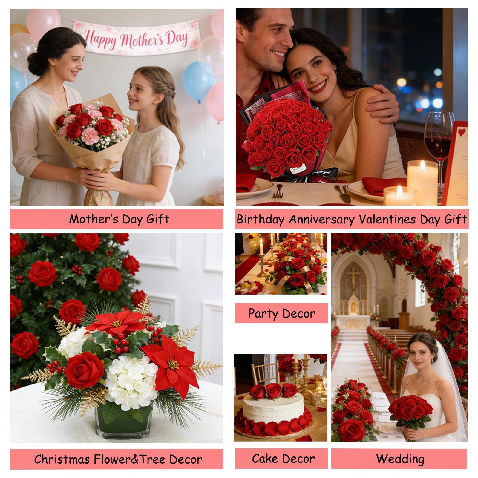 Roses Artificial Flowers, Fake Silk Roses with Stems for Valentine’s Day Moth…