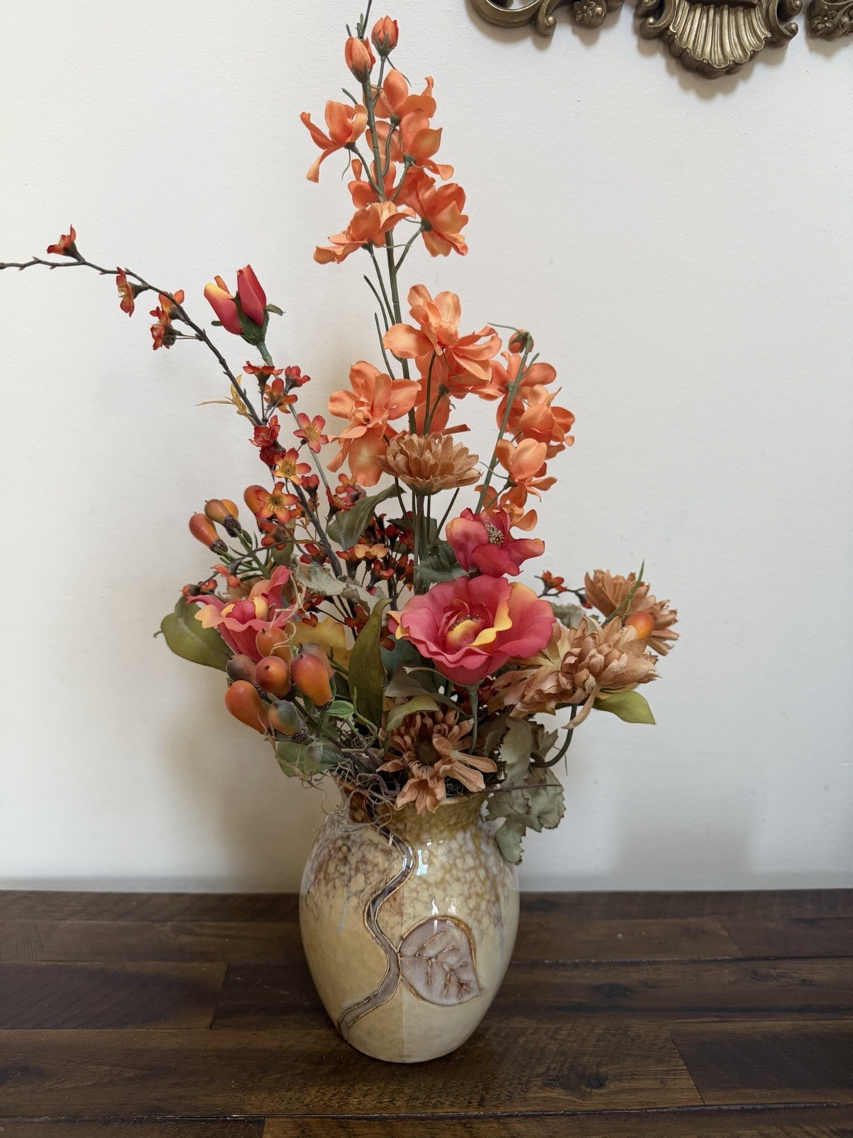 Professional Artificial Floral Arrangement Ceramic Vase Orange Centerpiece Decor