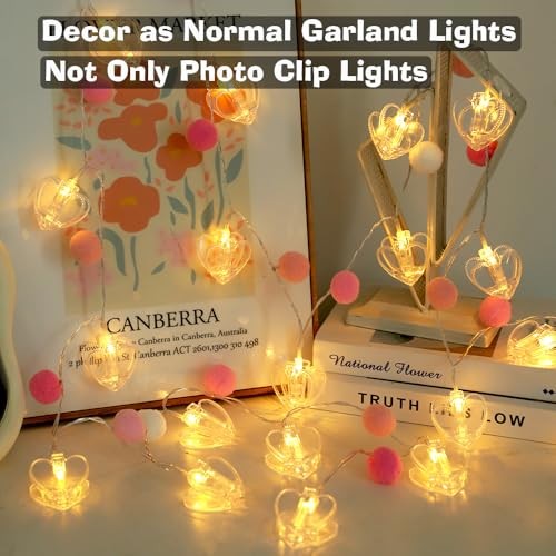9.85Ft Photo Clip String Lights with 20 Cute Pompoms 20 LED Pink Pom-Heart