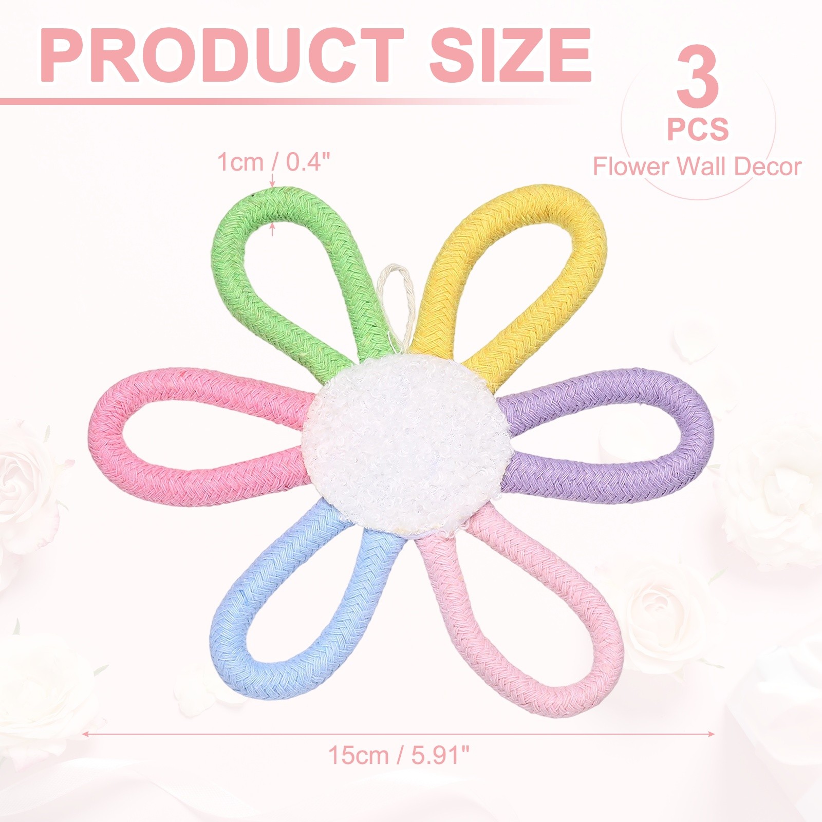 3 Pcs Daisies Floral Wall Decor 6″ Flower Art Decor Woven Macrame Multicolor
