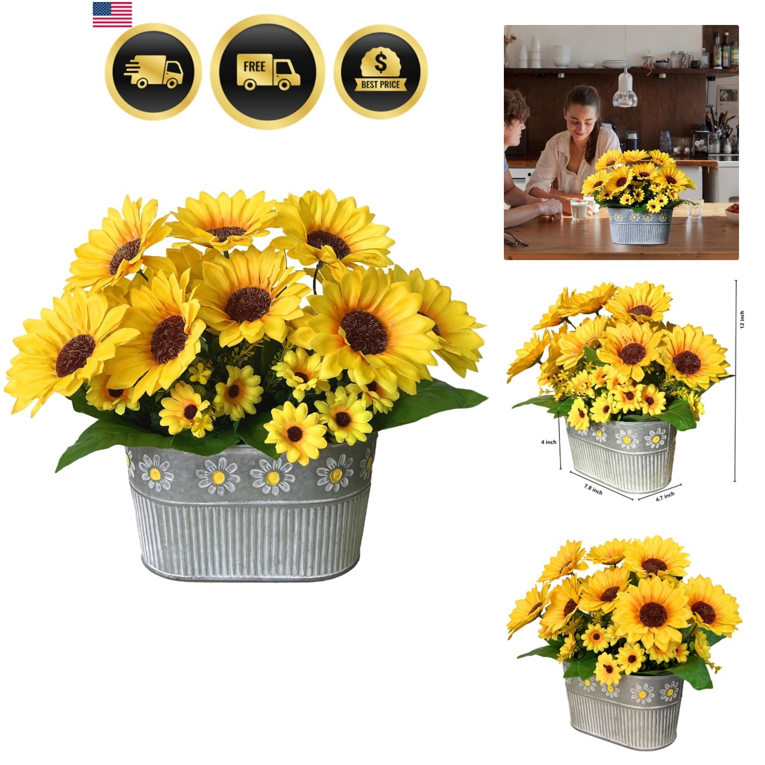 Artificial Sunflowers in Pot Faux Silk Flowers Floral Centerpiece Decor