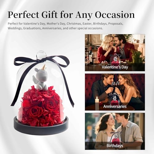 Preserved Rose with Unicorn in Glass Dome, Eternal Real Rose Red Lucky Unicorn