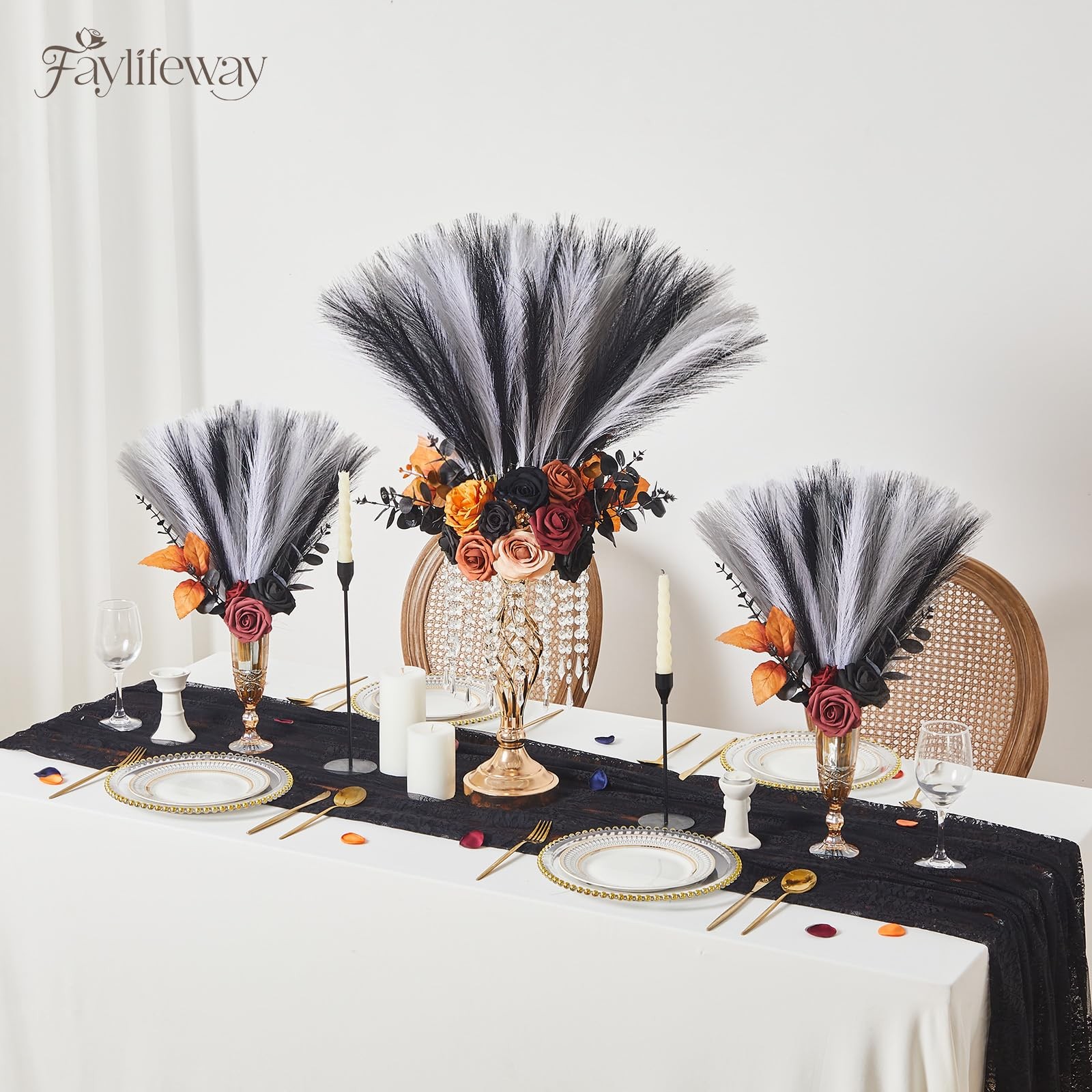 50pcs Pampas Grass 17in, Black and White Pampas Grass Artificial Fluffy Vase …