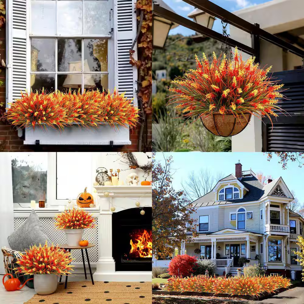 14.2 In. 24-Bundles Orange Artificial Lavender UV Resistant Plastic Faux Flowers