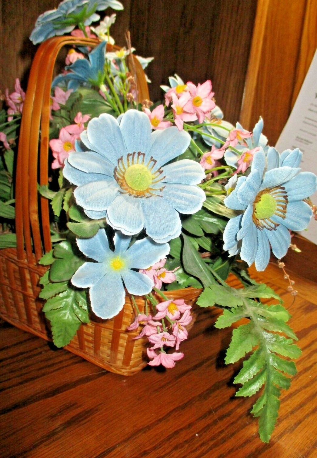 Artificial Silk Flower Arrangement Blue/ Pink Florals In Wood-Wicker Basket 516