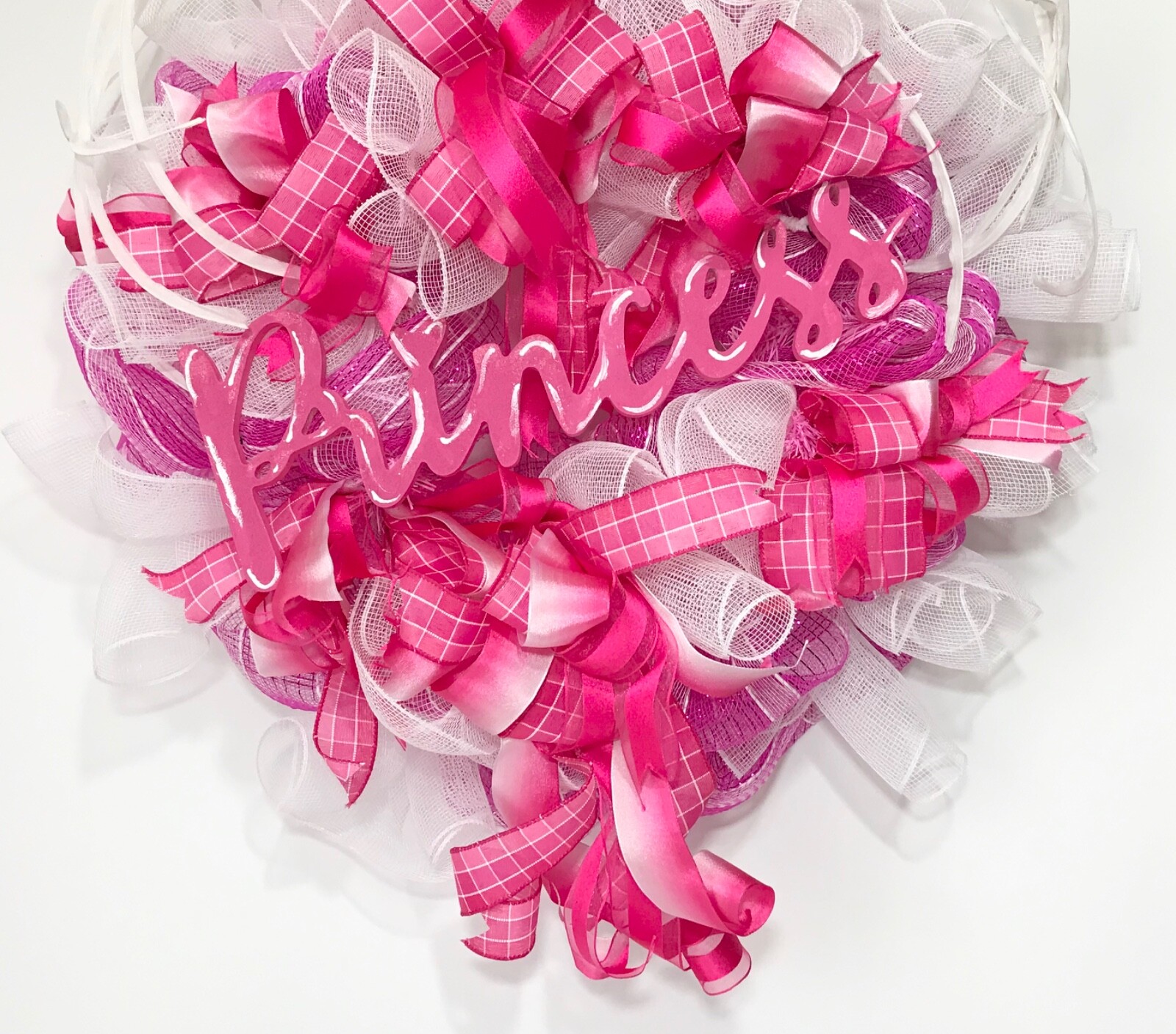 LARGE BRIGHT PINK WHITE DECO MESH PRINCESS WOOD SIGN DOOR WREATH GIRL ROOM NEW