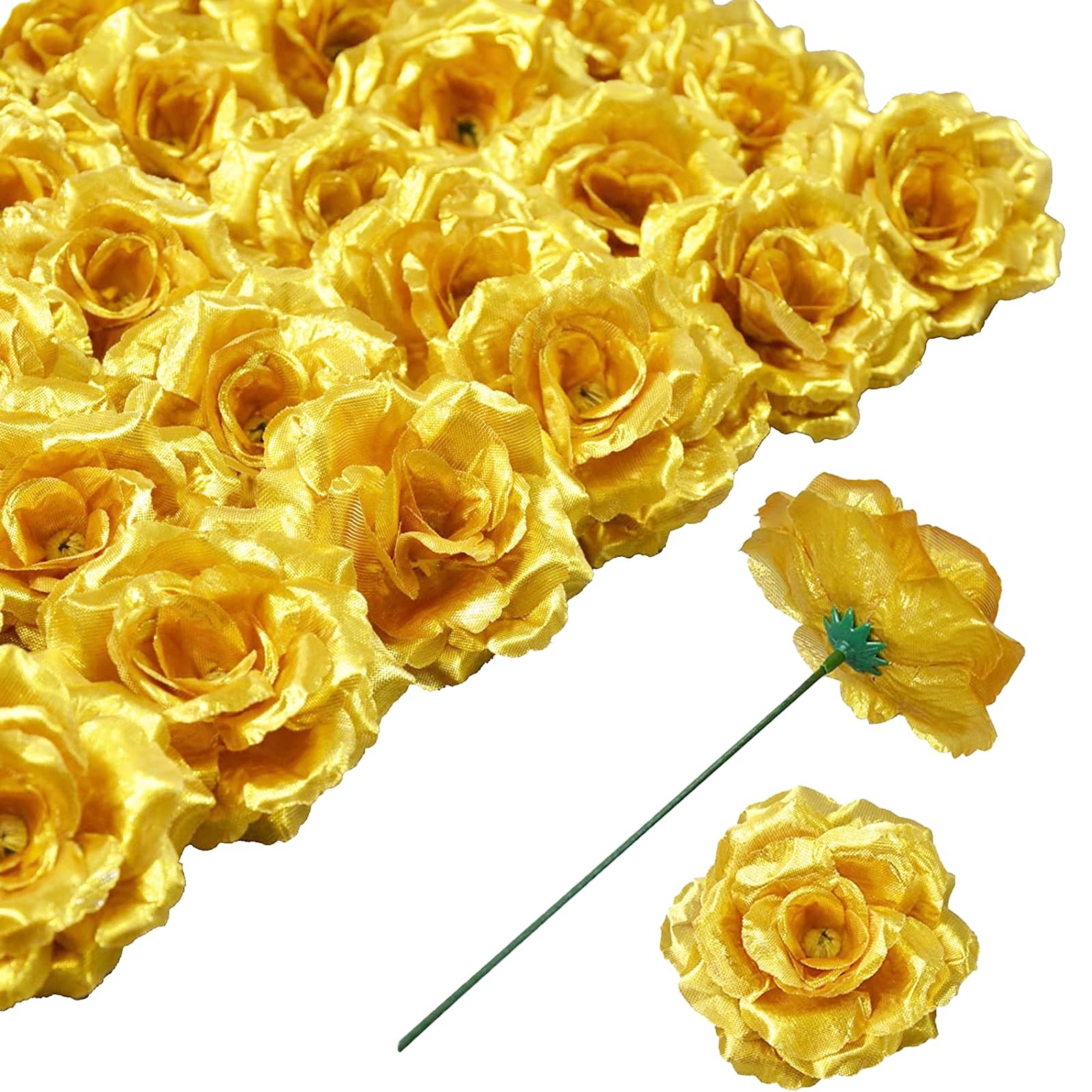 Rosas artificiales con tallo, 3 pulgadas de seda, cabeza de flor falsa
