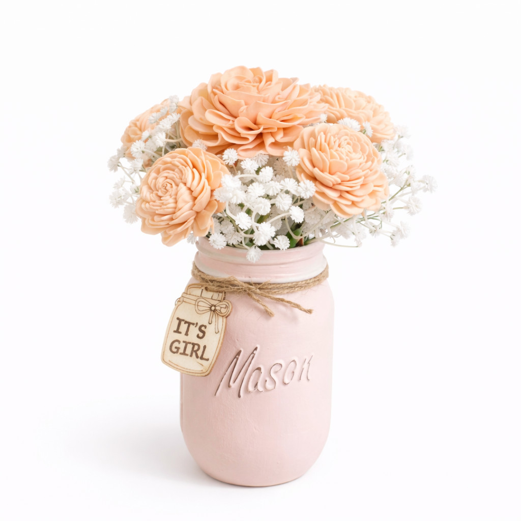 Pink Sola Wood Flowers Mason Jar Arrangement Baby Shower Centerpiece Home Decor