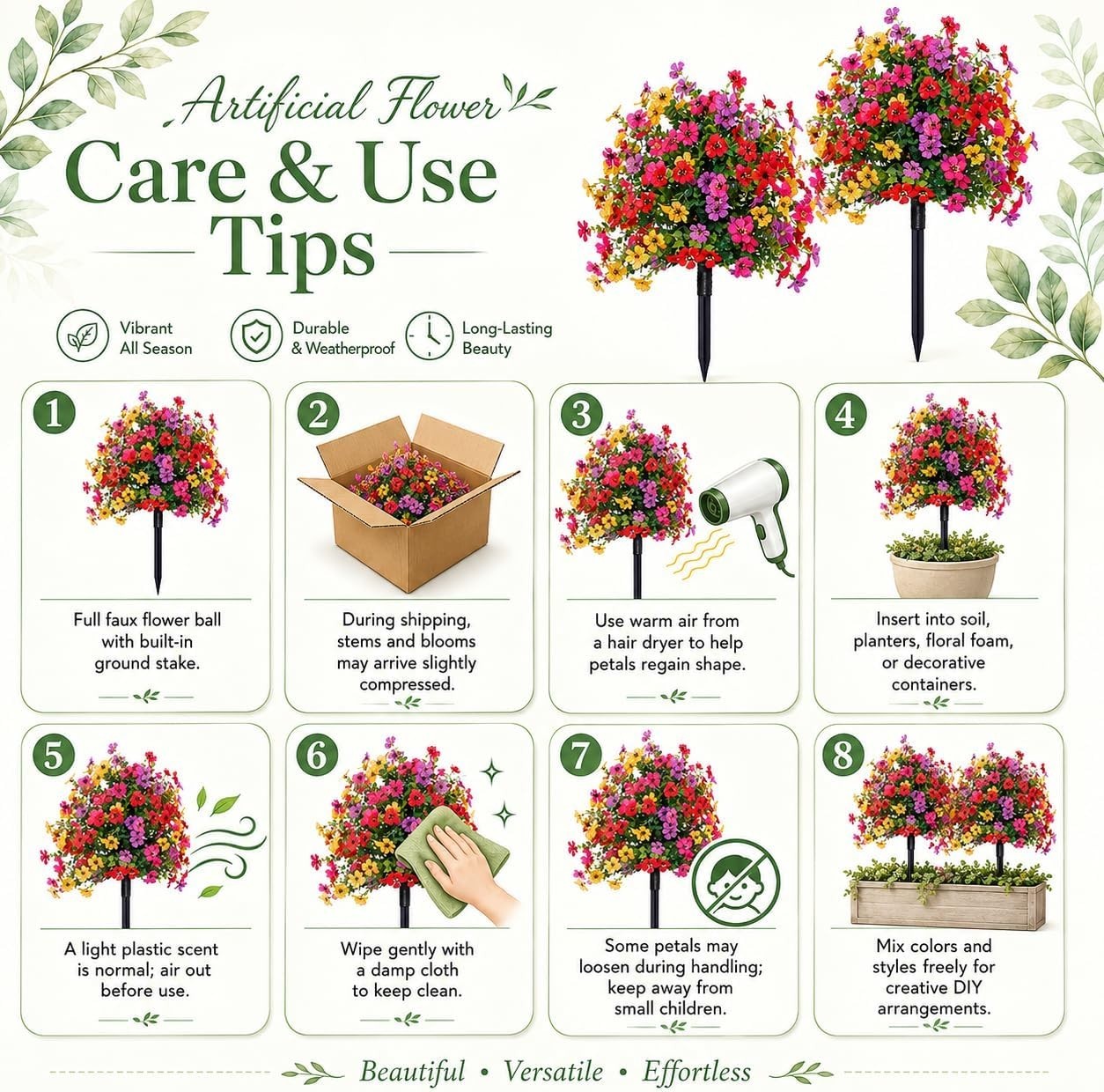Artificial Flowers for Outdoors, UV Resistant Faux Topiary Ball Plants with G…