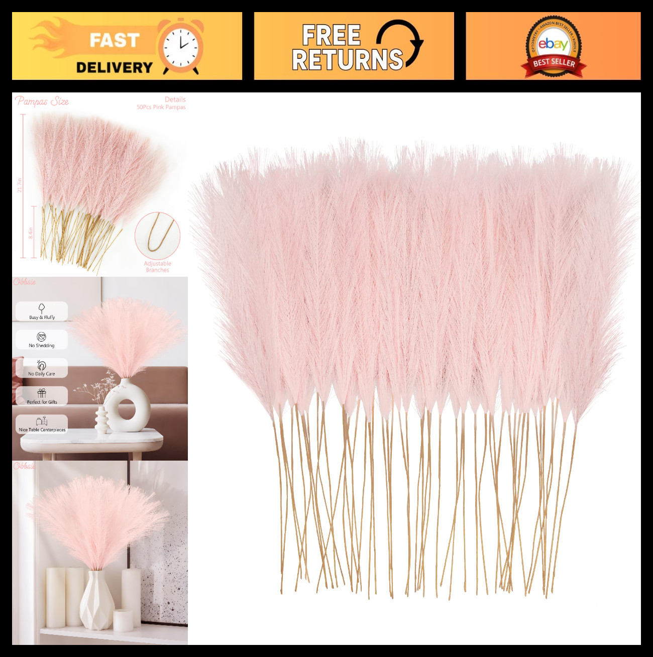 50pcs Pink Faux Pampas Grass – 21.6″ Artificial Floral Branches for Home, Weddin