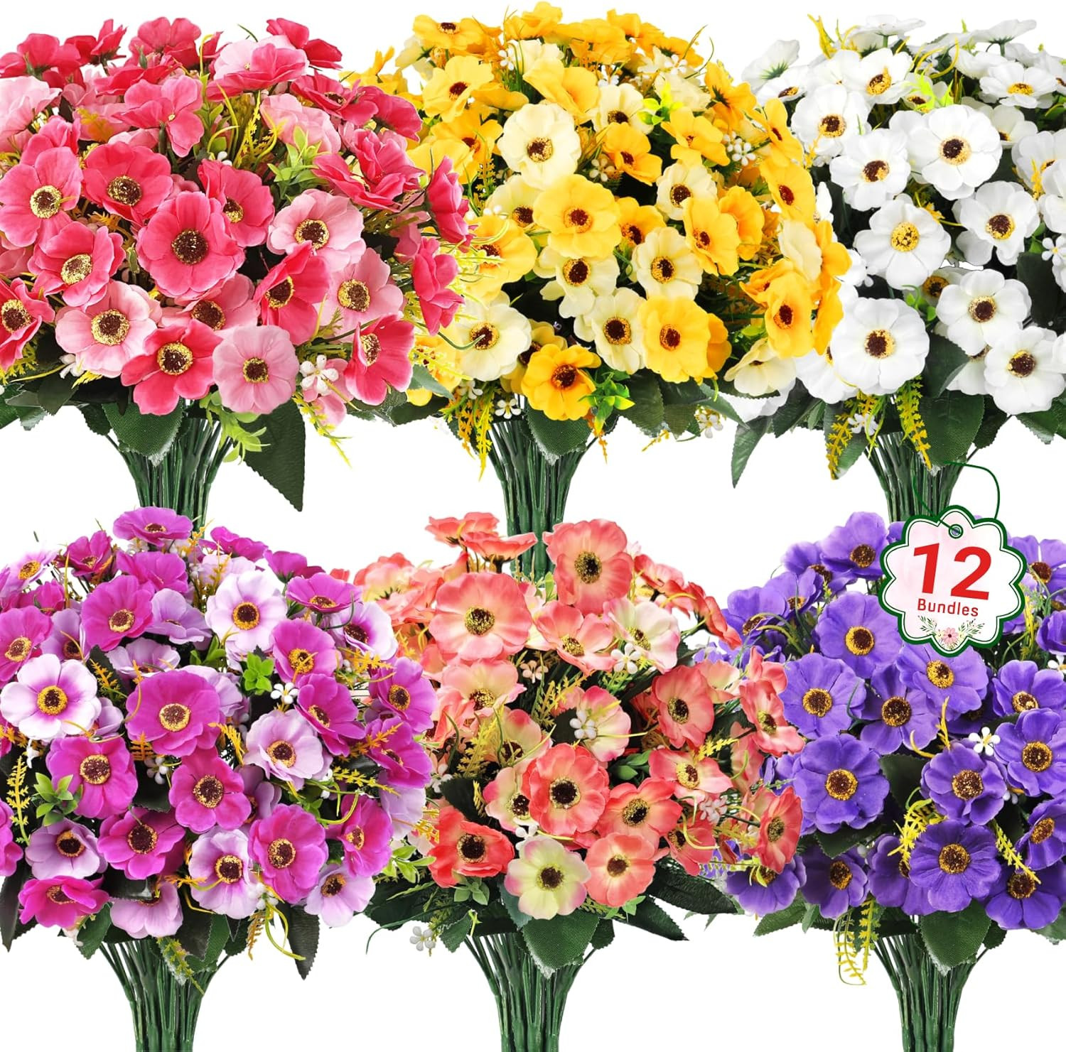 12 Bundles Artificial Flowers for Outdoors Decoration, Fake Daisy Silk Flowers U