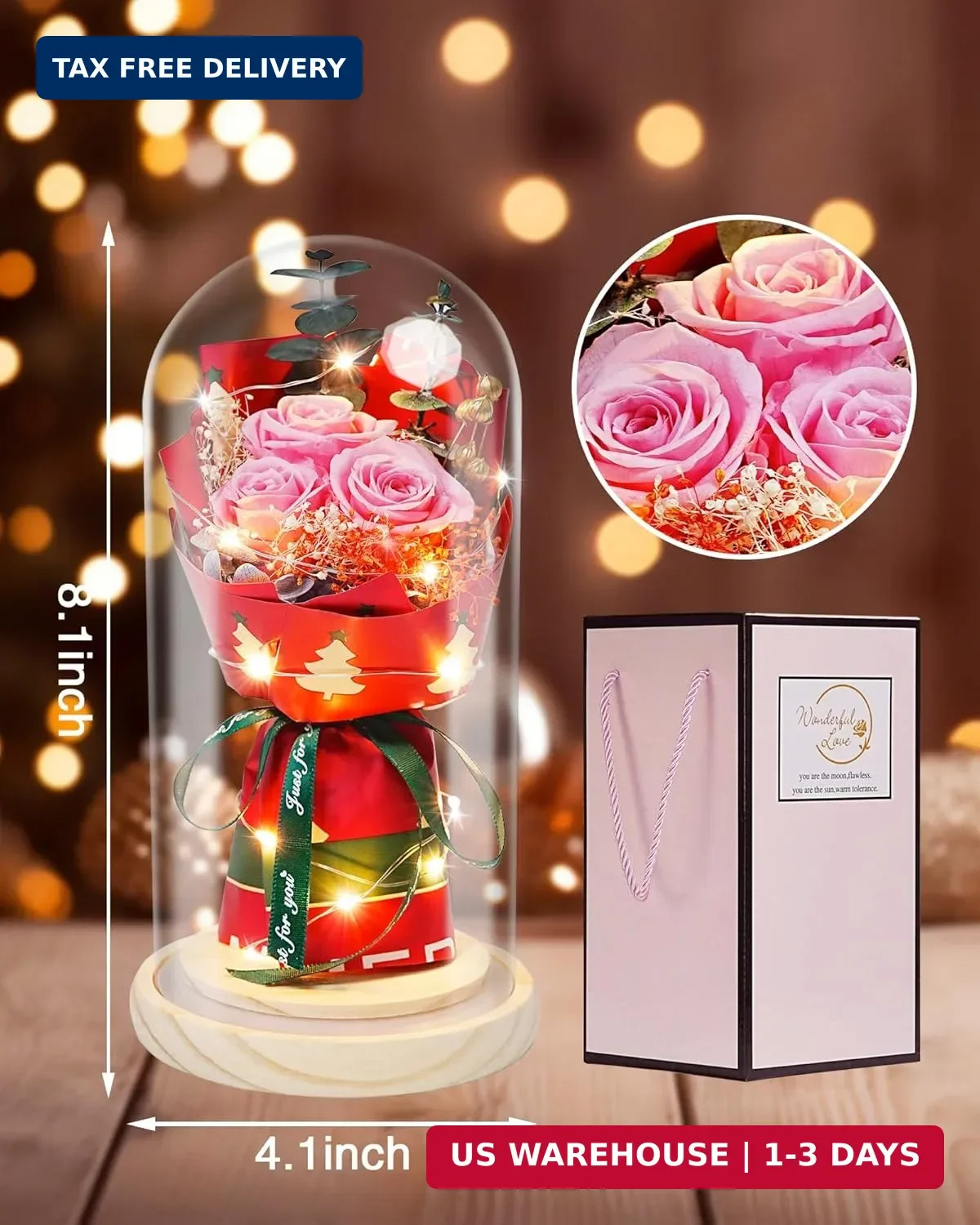 HVY Preserved Flowers in Glass for Her,Pink Real Rose Bouquet with LED Light,Ete
