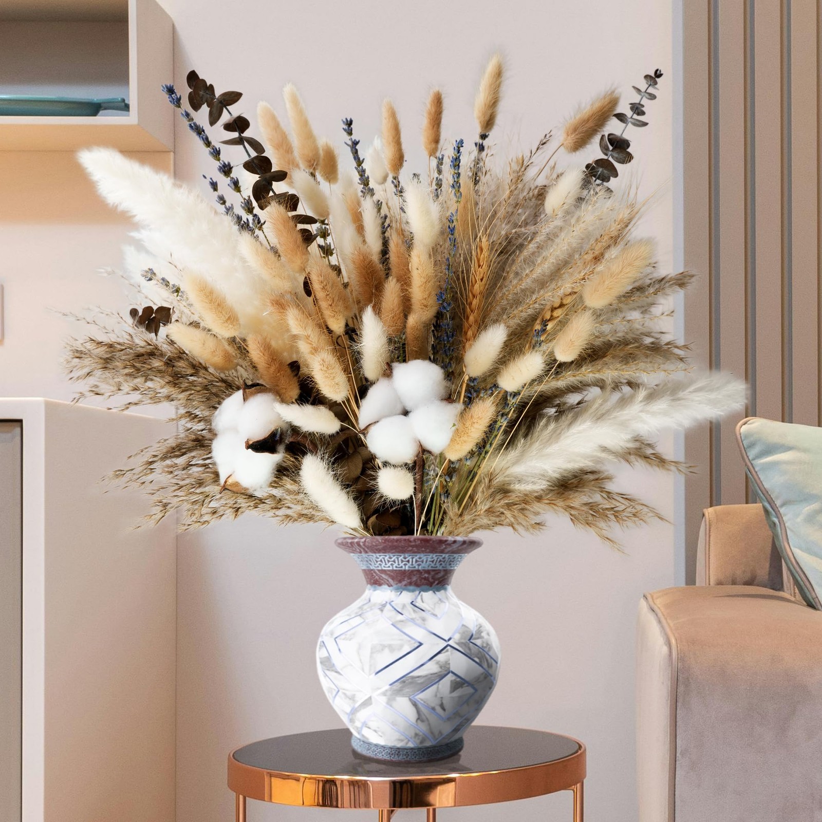 Natural Dried Flower Bouquet – Pampas Grass, Cotton Stems, Bunny Tails, Eucal…