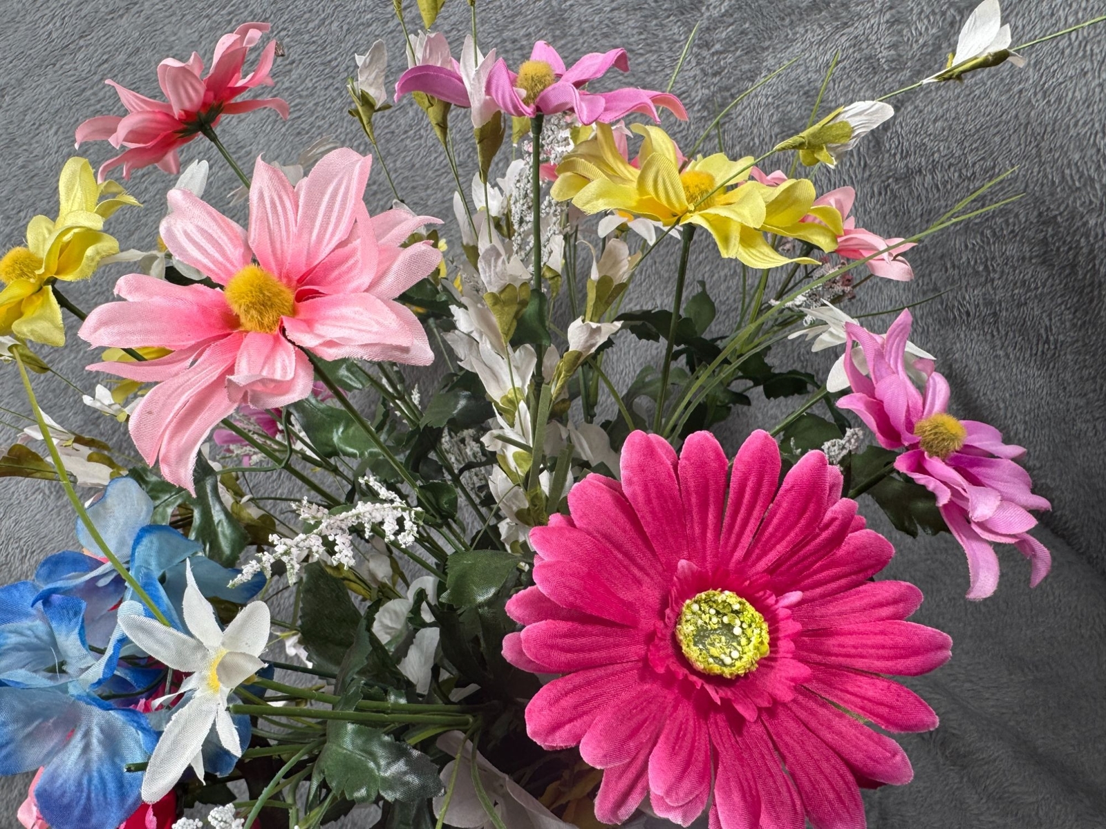 Artificial Flower Bouquet In Galvanized Metal Vase – Mixed Colors & Blooms