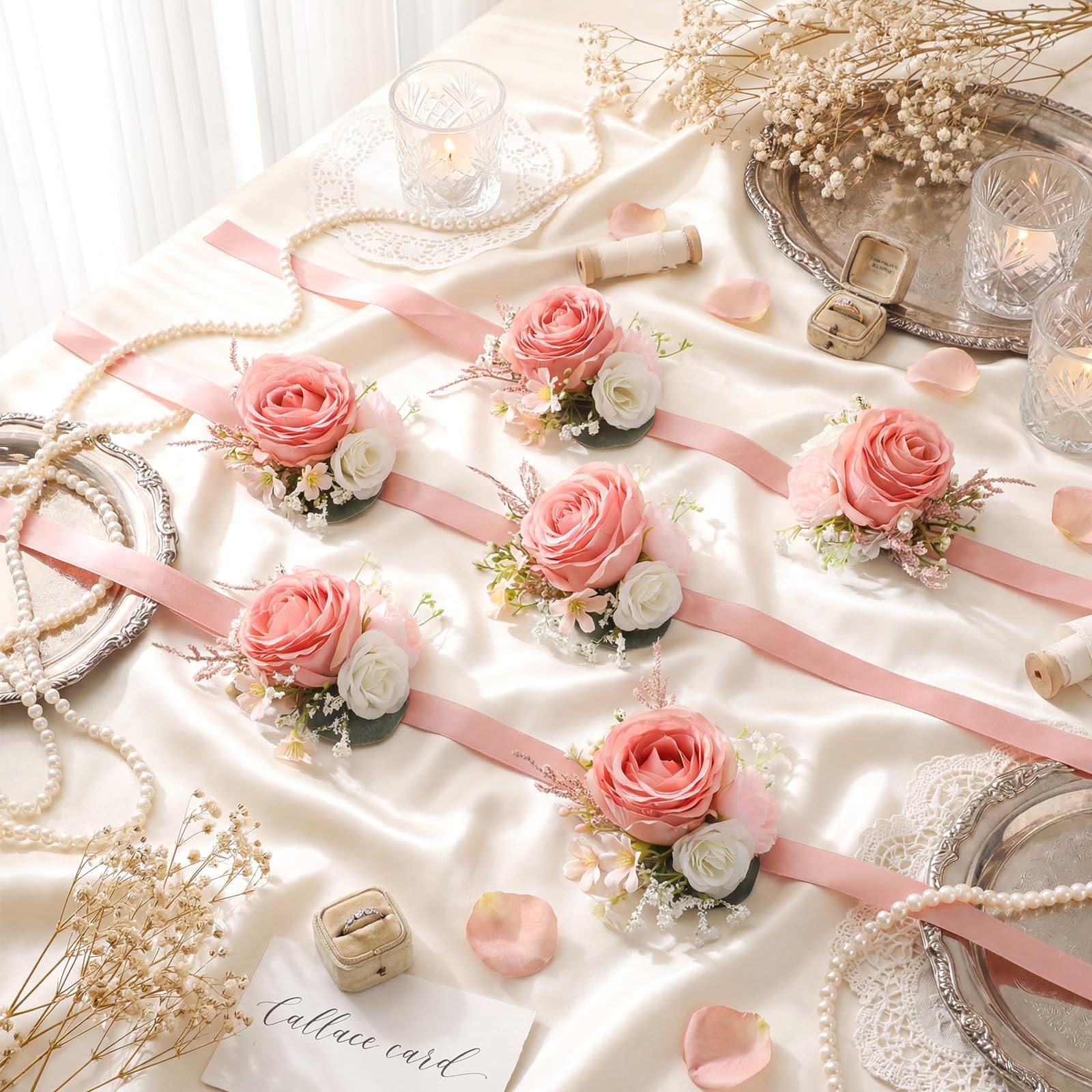 Dusty Pink Wrist Corsage Wedding Bridal Hand Flower Decor Prom 6 PCS