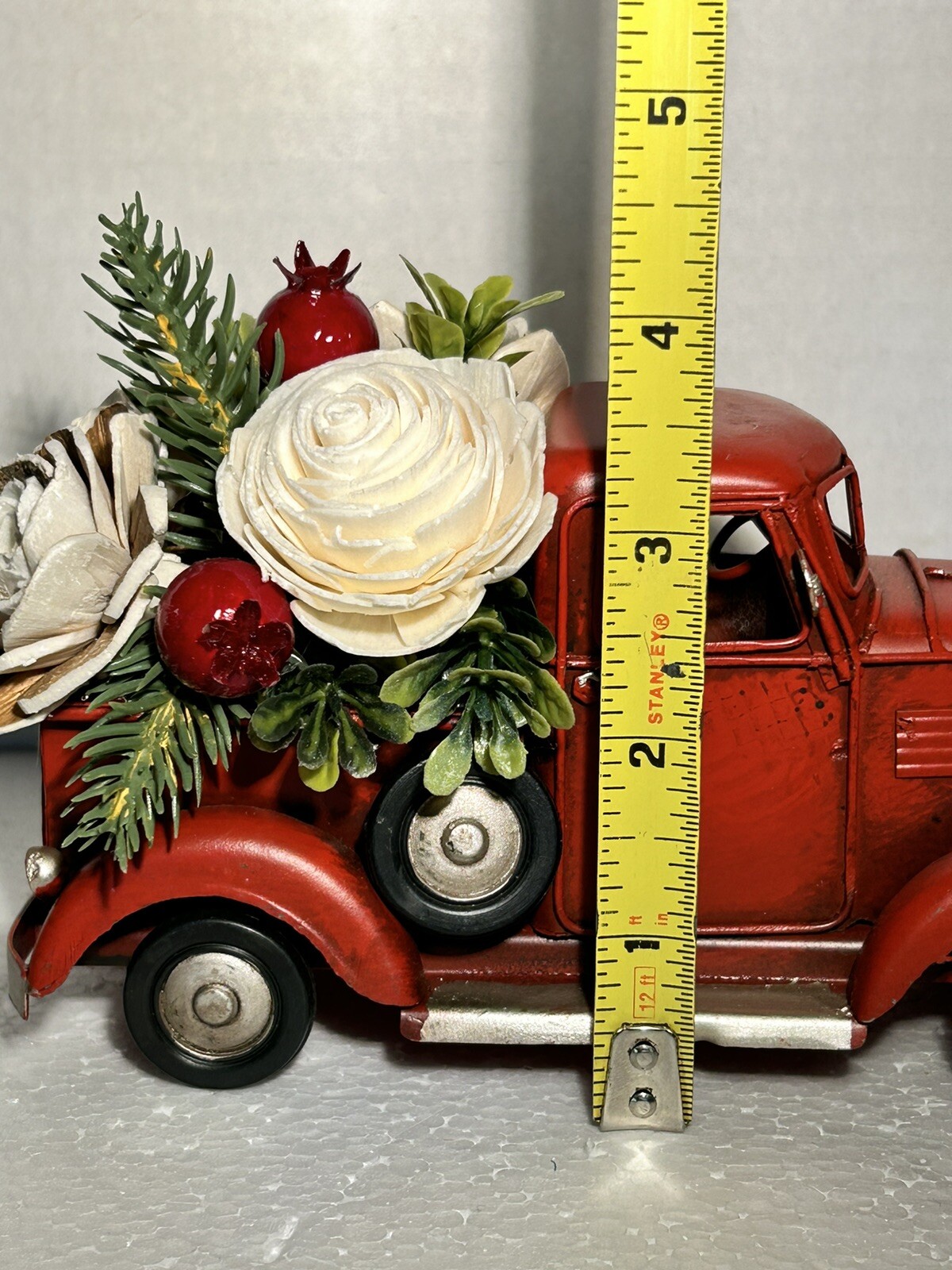 Red Metal Pickup Truck filled with Wood Flowers – home decor, rustic