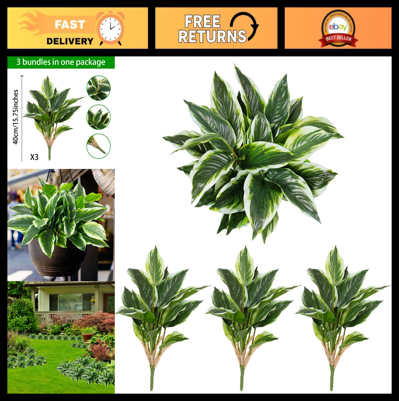 3PCS UV Resistant Artificial Tropical Green Plants – 15.75″ Faux Hostas for Indo