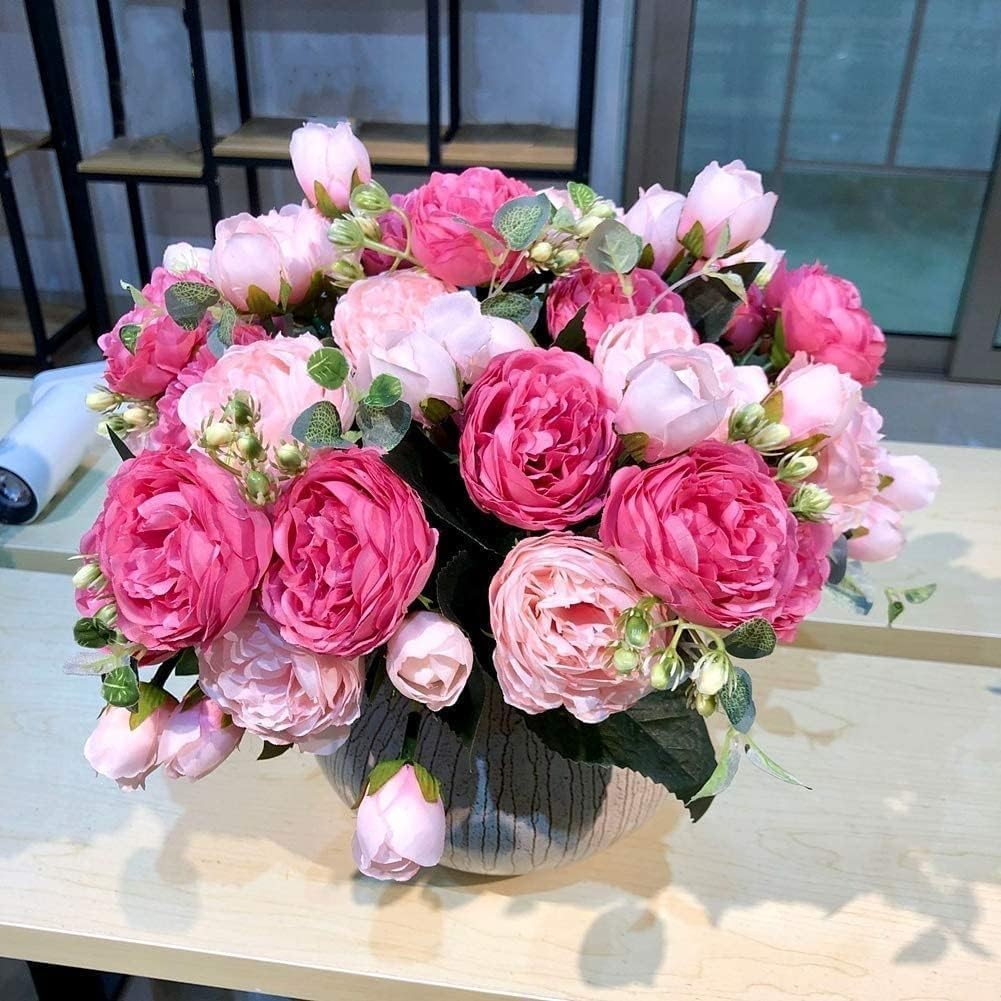 4 Bundles Artificial Peony Silk Bouquet Rose Red Pink Fake Flowers Bulk Decor