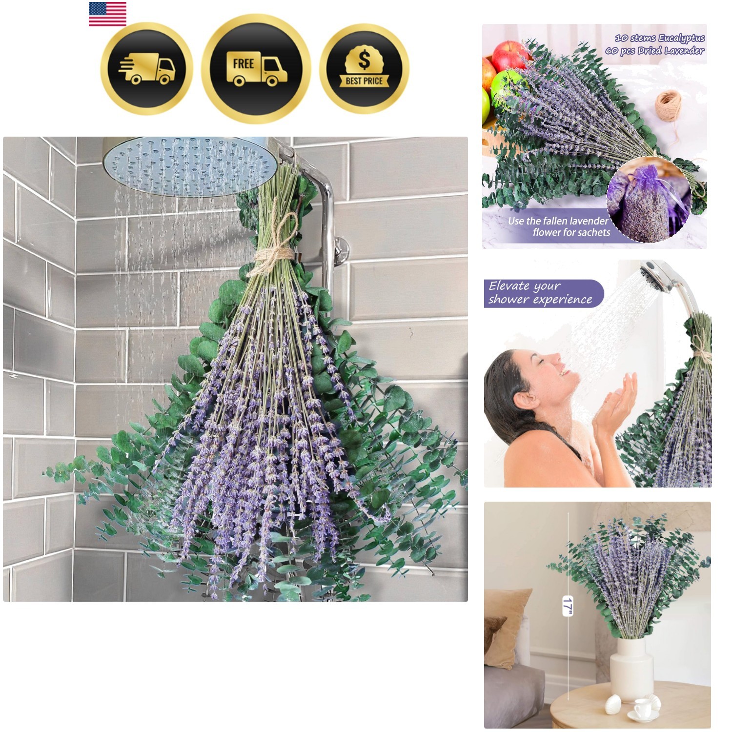 70PCS Preserved Eucalyptus Stems & Dried Lavender Bundles for Shower, 17” Na…