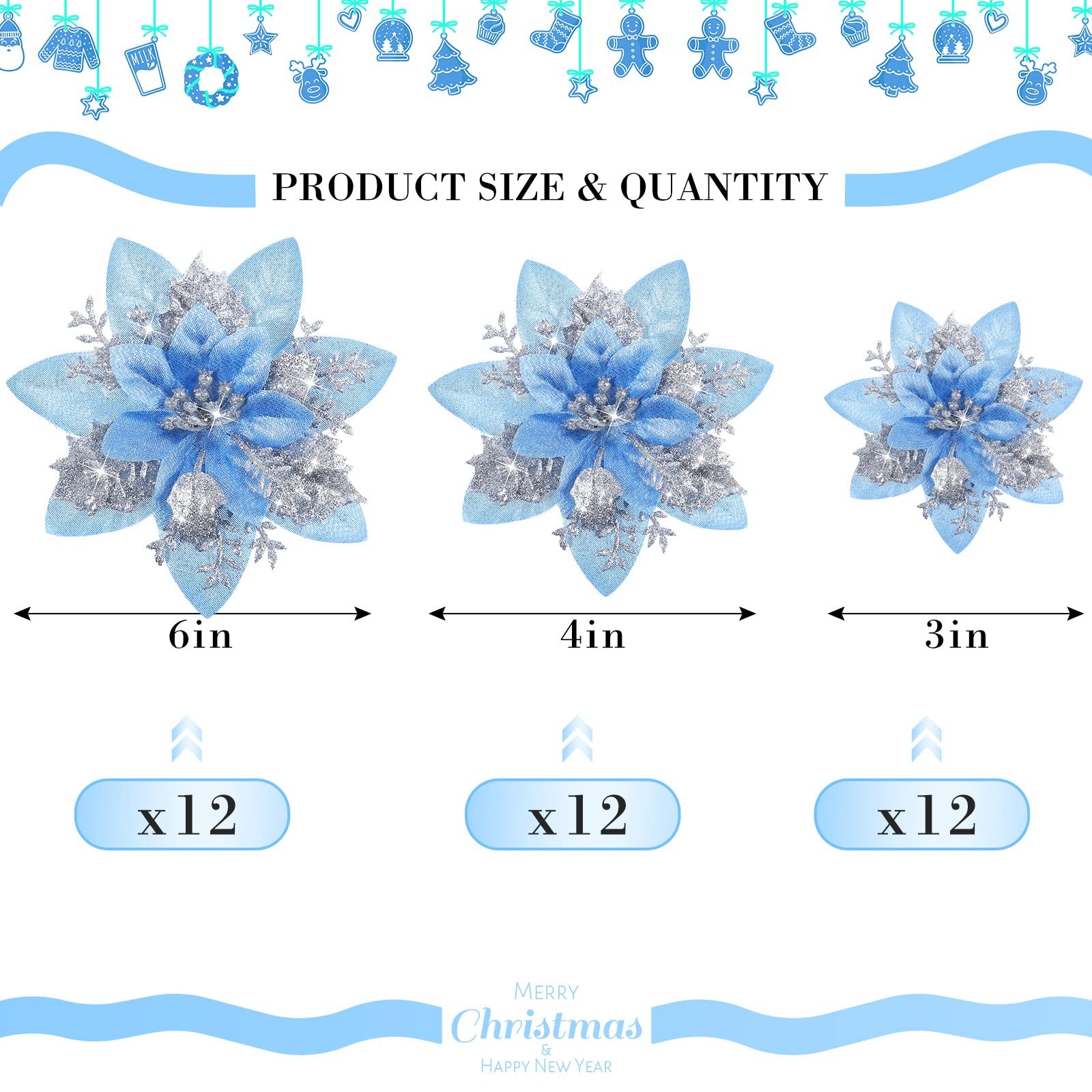 36 Pcs Christmas Glitter Artificial Poinsettia Flowers Xmas Poinsettia Artifi…