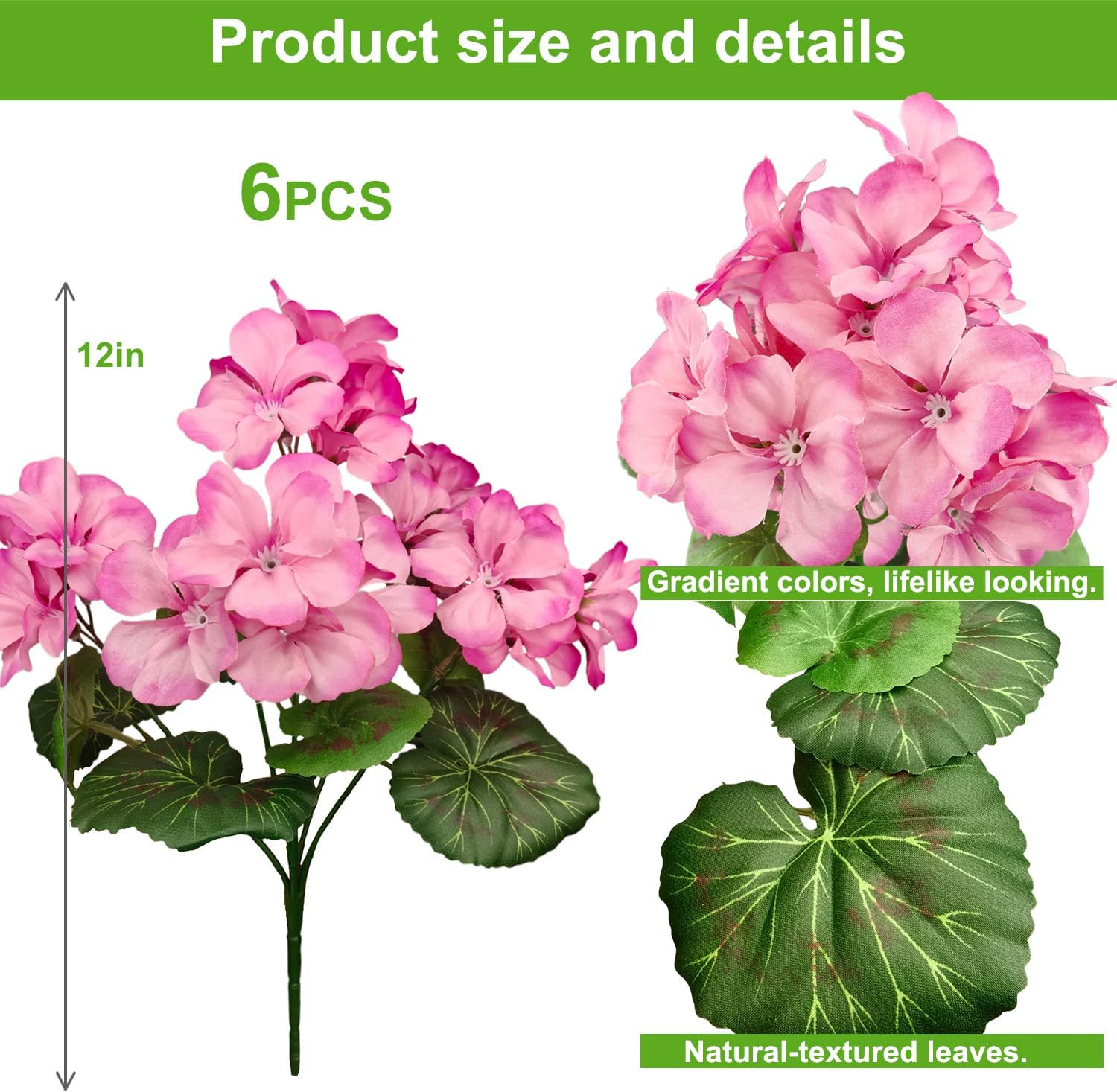 6 Bundles Faux Geranium Flowers Outdoor UV Resistant Pink Silk Artificial