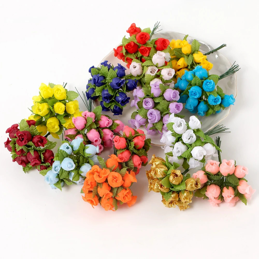 12Pcs/Lot Mini Artificial Rose Flowers Bouquet Silk Fake Flowers for Home Decor