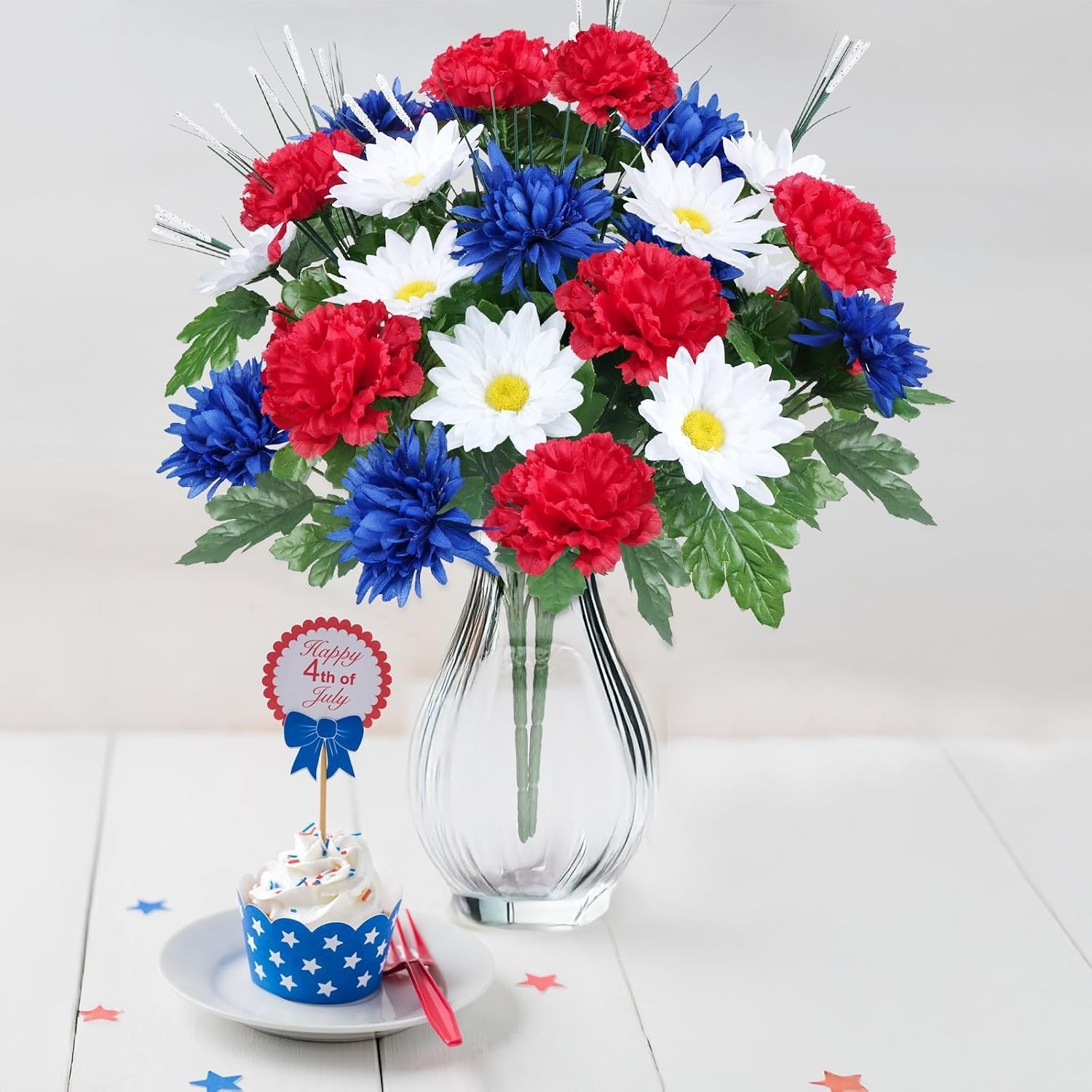 Patriotic 17.3″ Artificial Flower Bouquet for Memorial Day & 4th of July Decor