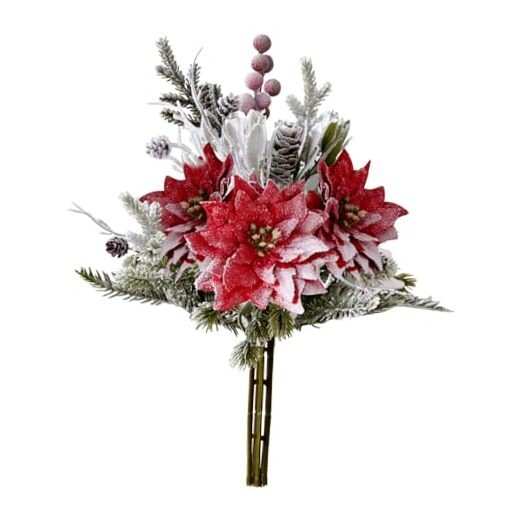 Artificial Christmas Flowers Bouquet 12″ Frosted Poinsettias Flowers 1PC Red