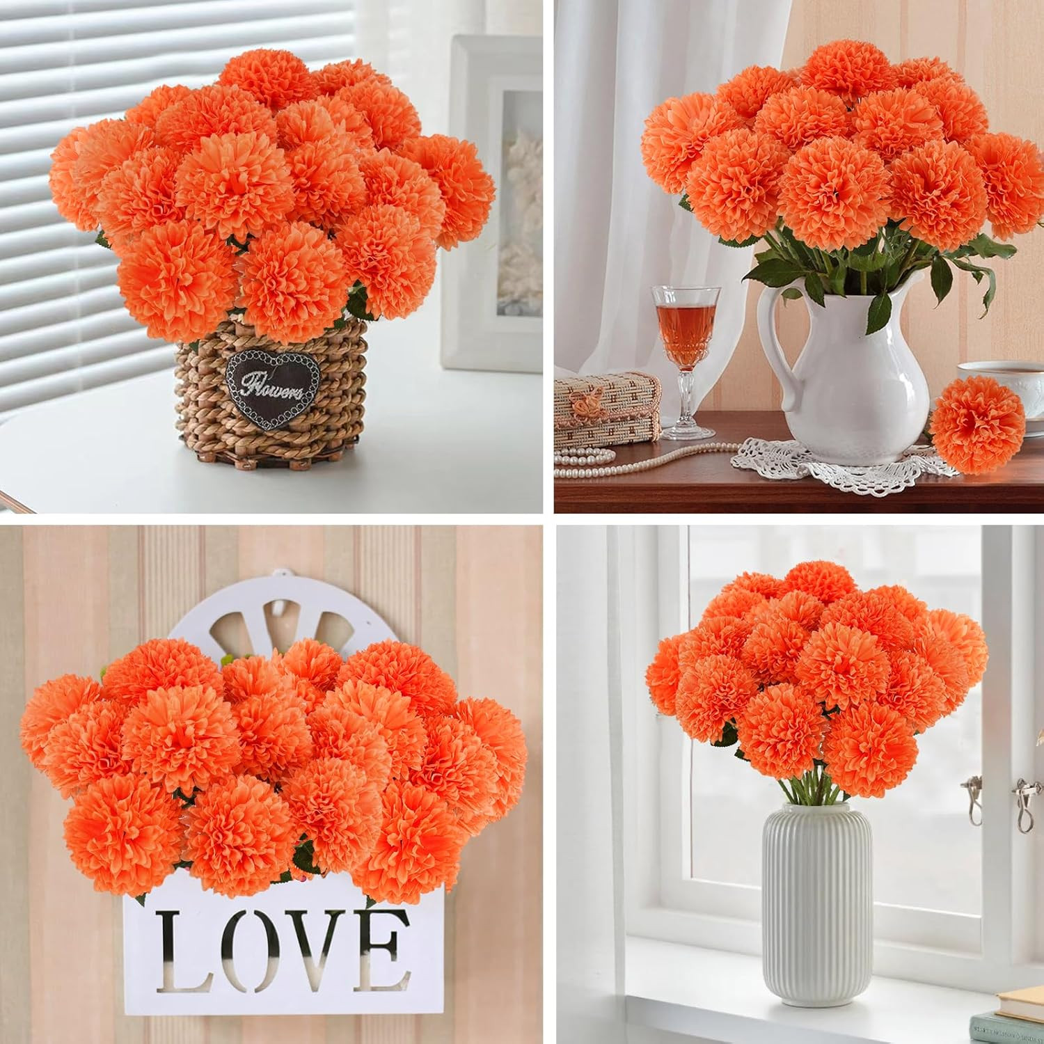 12 Pcs Artificial Chrysanthemums Flowers Marigolds Ball Flower, Orange Fake Mums