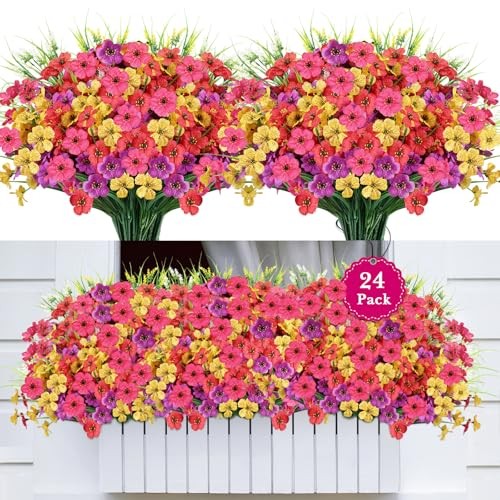 24 Bundles Realistic Fake Flowers for Outdoors, No Fade Faux 24PCS Mix Color